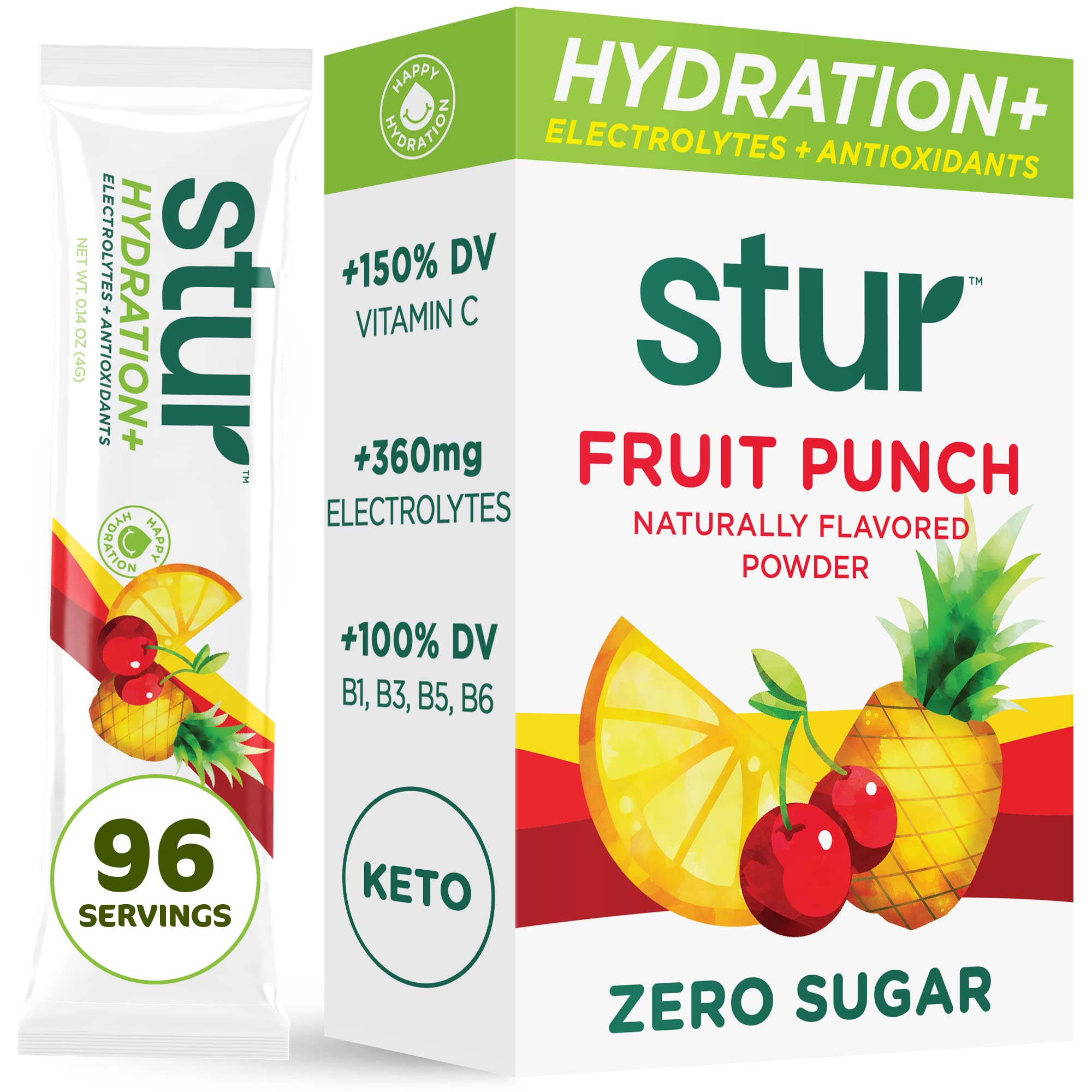 Stur electrolitos polvo sabor Fruta Punch, enfocado en hidratación durante entrenamientos
