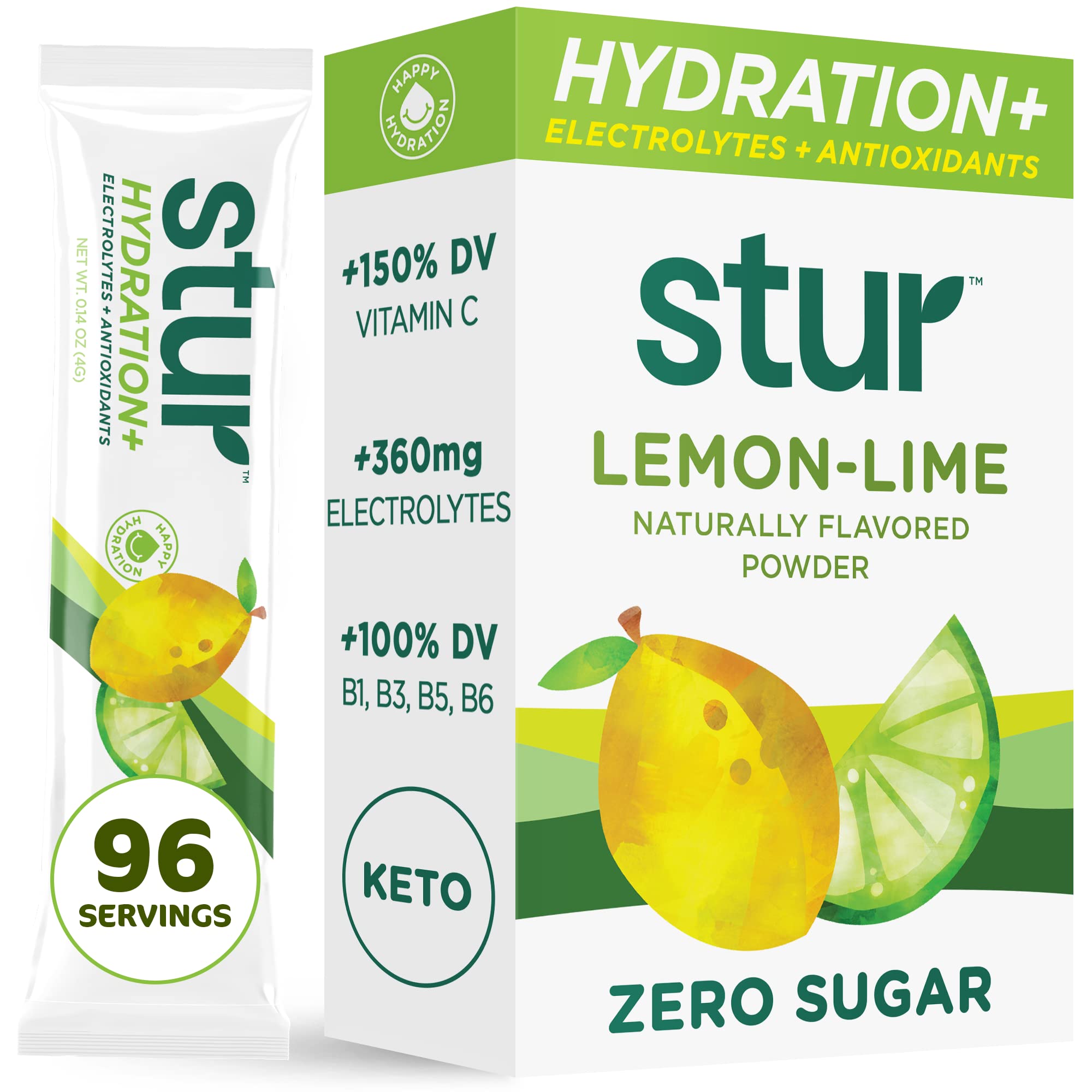 Stur electrolitos con sabor limón-lima, sobres prácticos para hidratación rápida.