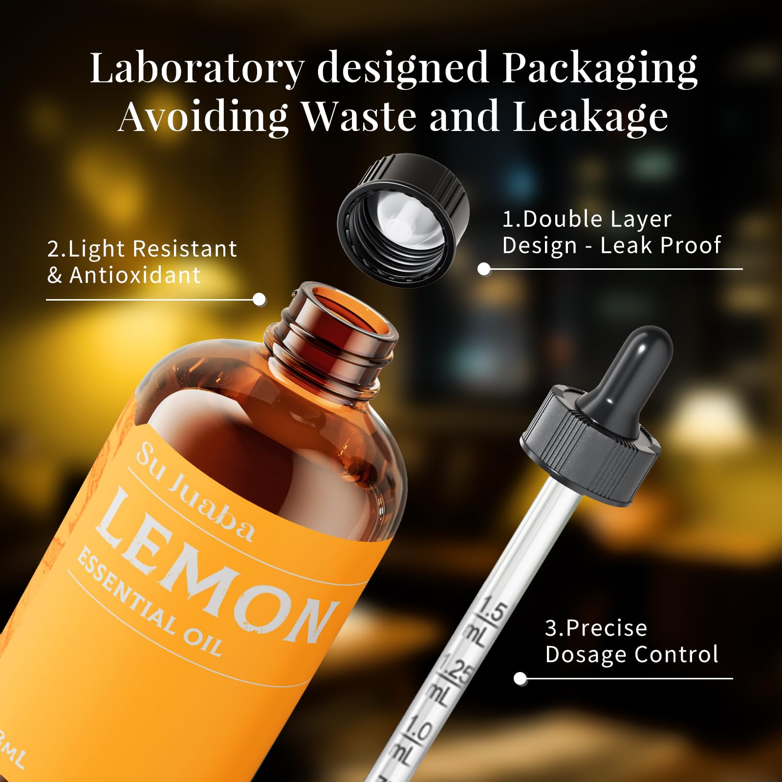 SU JUABA aceite esencial limón, envase ámbar con gotero para dosificar.