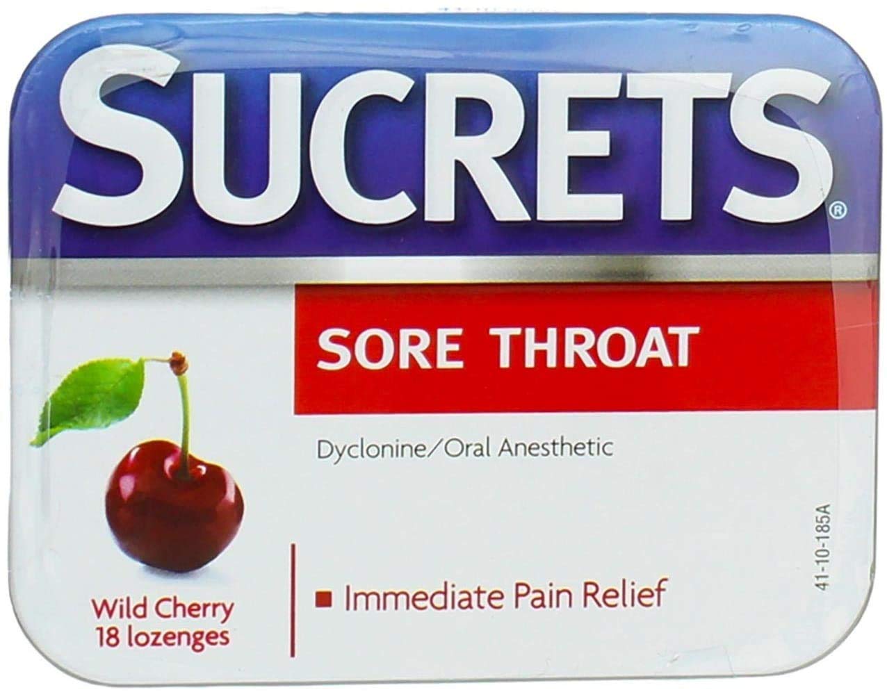 Pastillas Sucrets sabor cereza salvaje, empaque de cuatro paquetes para uso diario y alivio.