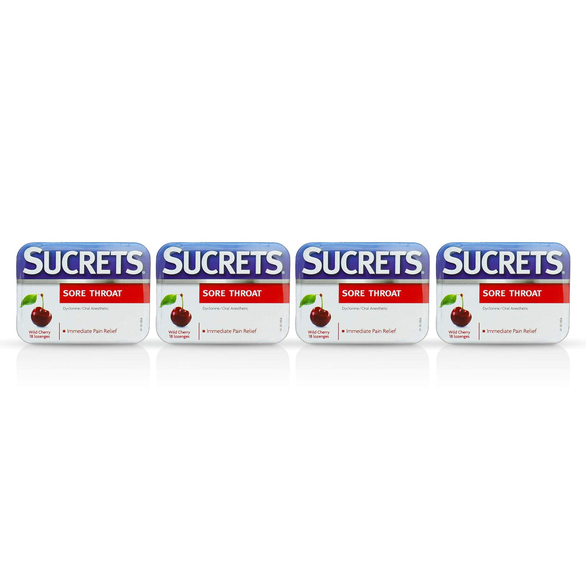 Pastillas Sucrets para garganta sabor cereza salvaje en empaque de cuatro paquetes, alivio suave.