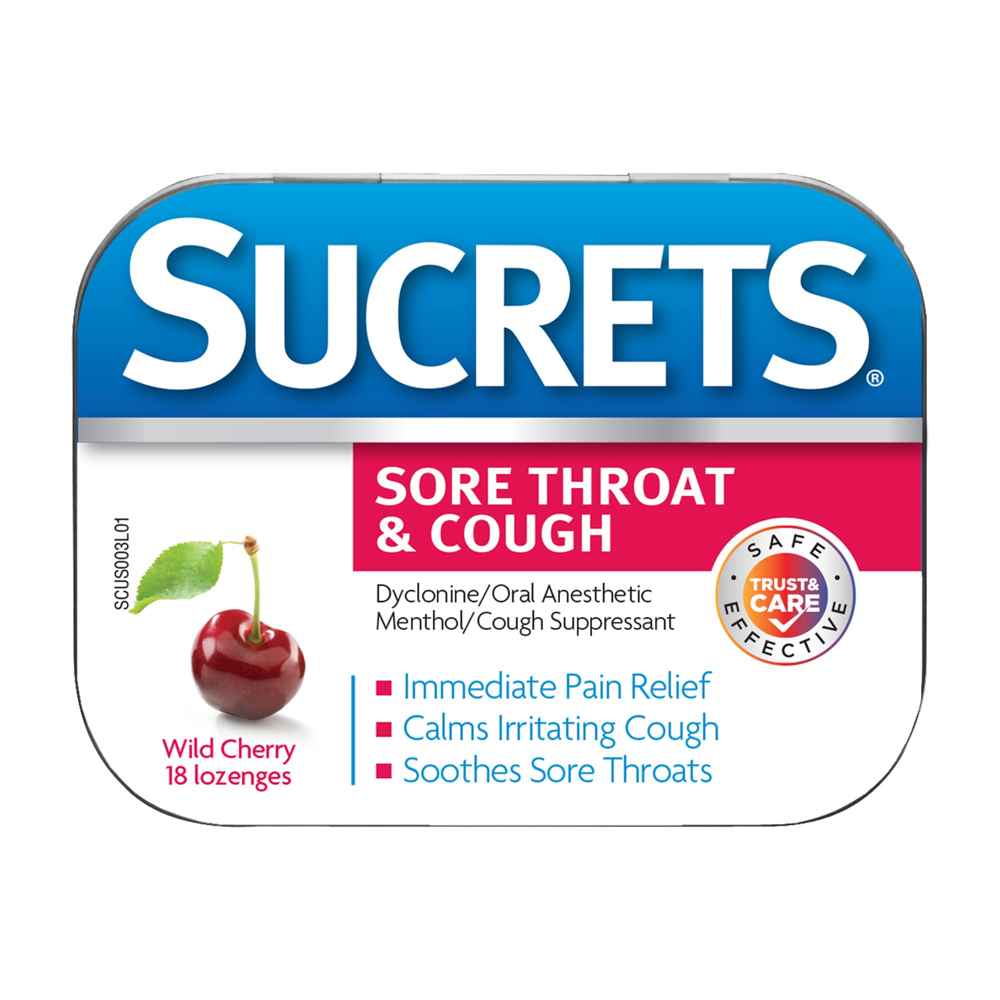 Sucrets pastillas para la garganta con cereza salvaje en empaque compacto para llevar.