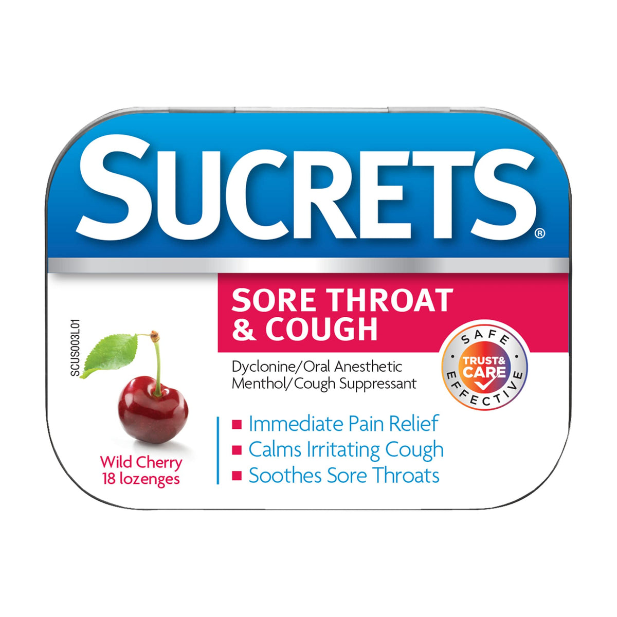 Sucrets pastillas para la garganta con cereza salvaje en empaque compacto para llevar.