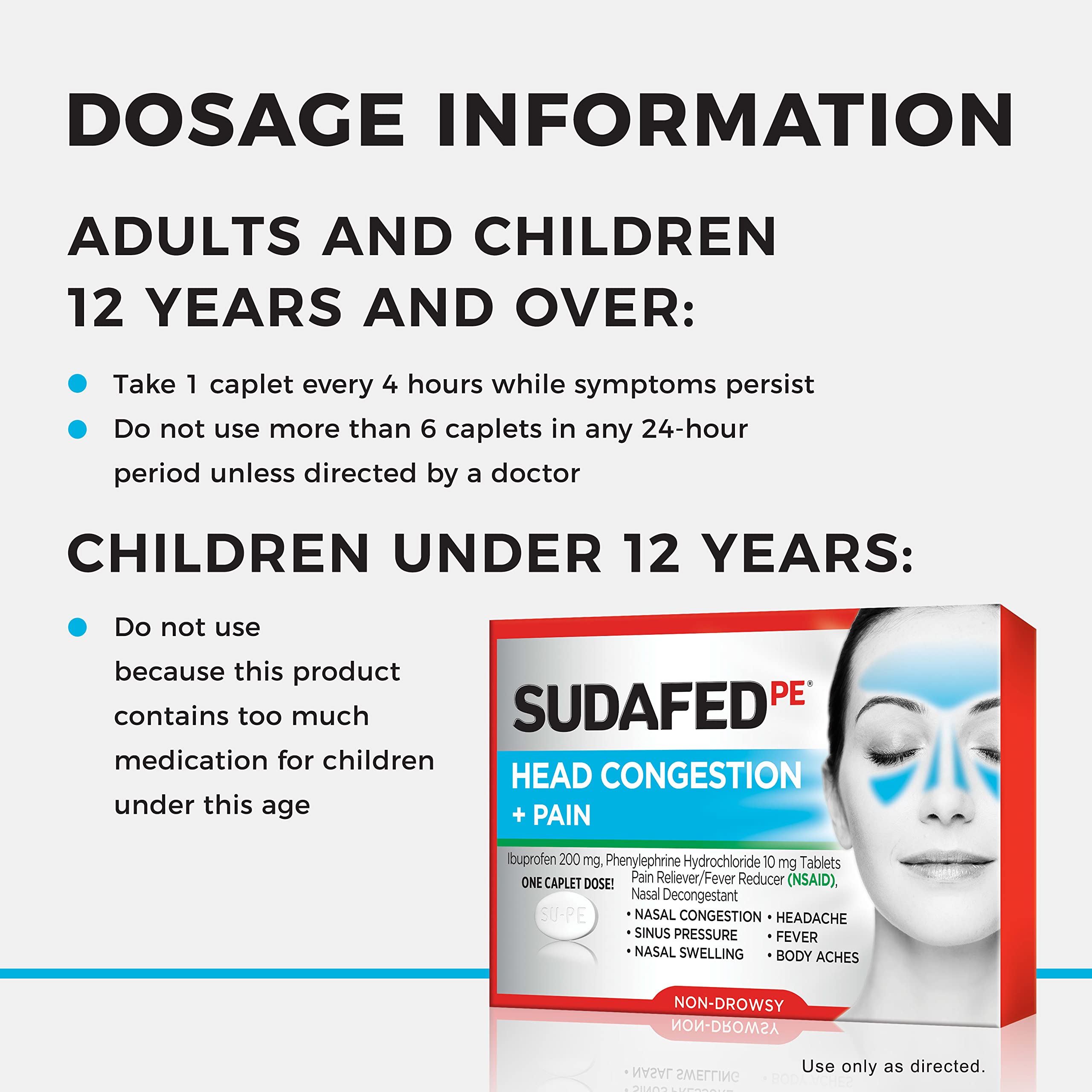 Etiqueta del producto Sudafed PE para referencia rápida de dosis y beneficios.