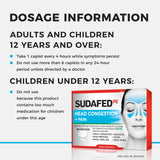 Etiqueta del producto Sudafed PE para referencia rápida de dosis y beneficios.