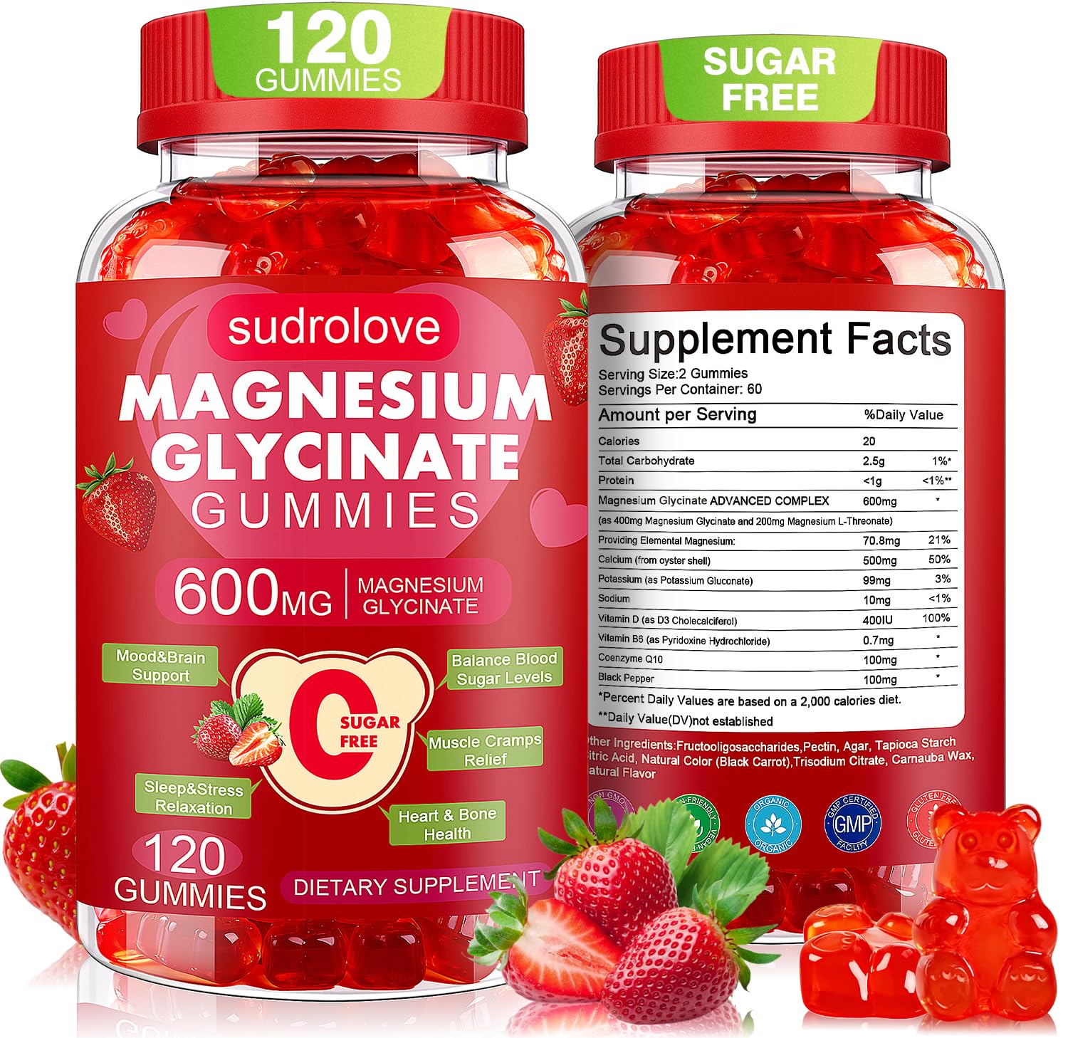Gomitas Sudrolove de magnesio glicinato 600mg, frasco, apoyo a la calma