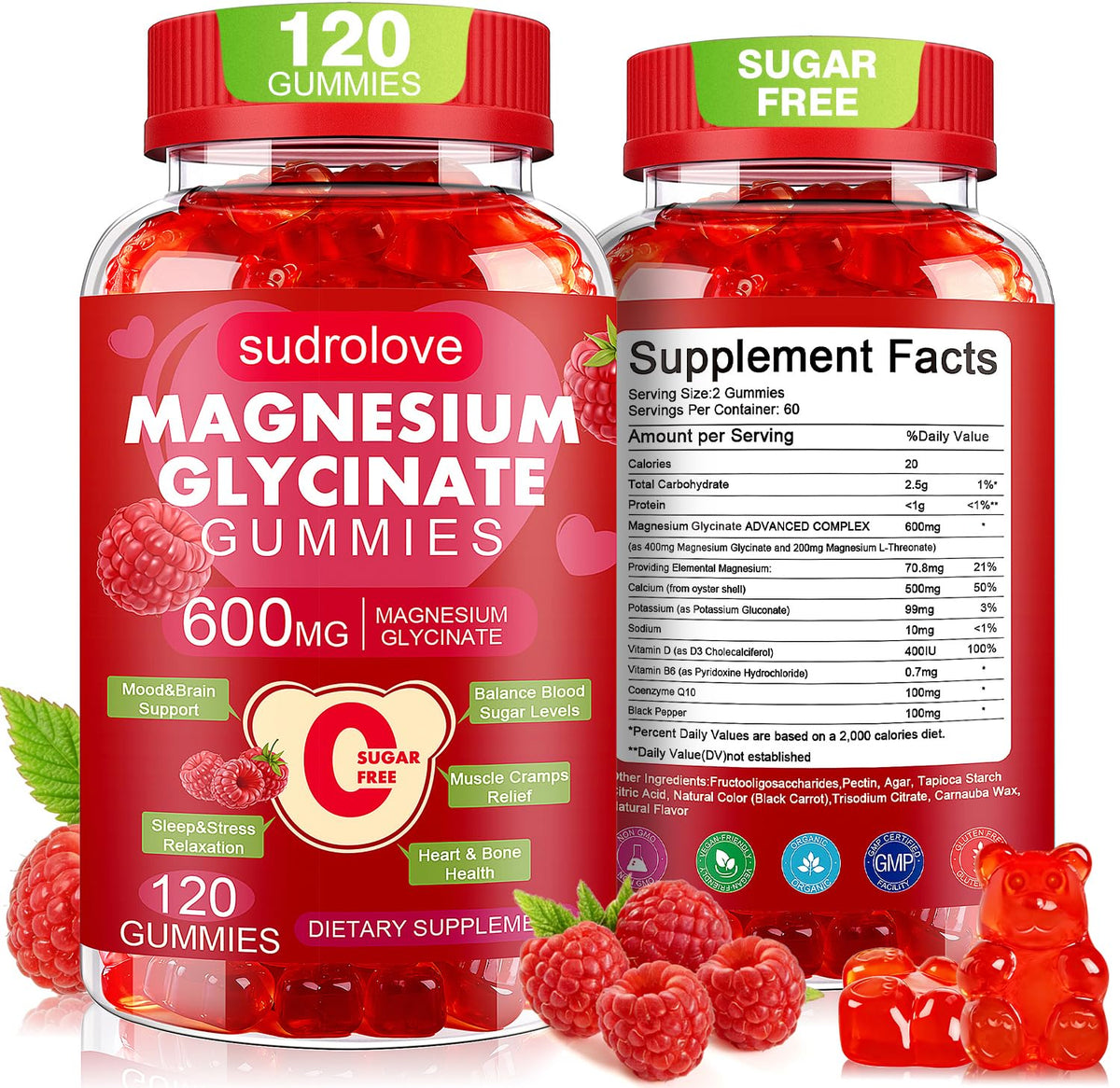 Sudrolove gomitas de magnesio glicinato sabor frambuesa, empaque práctico para uso diario.