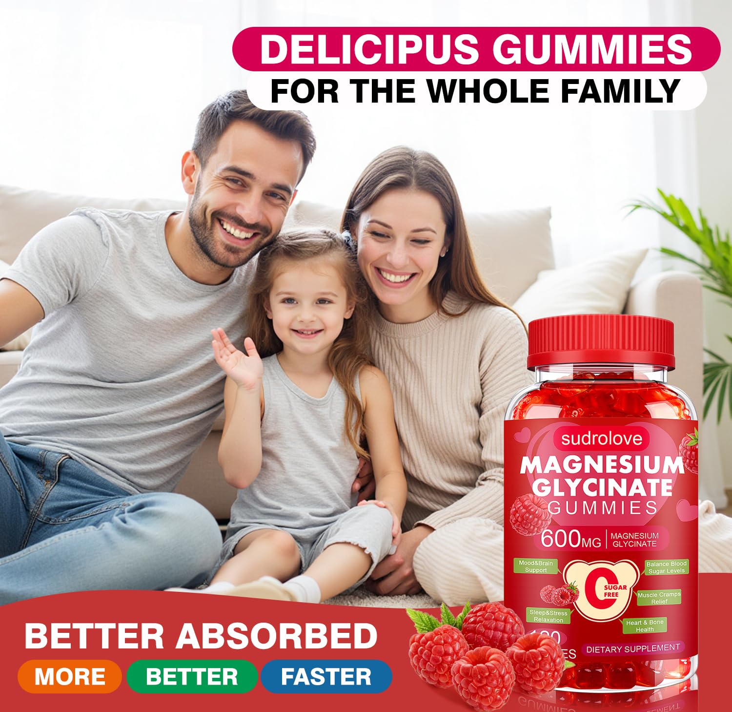 Ingredientes clave de Sudrolove: magnesio glicinato, potasio y Coenzima Q10 en frambuesa.
