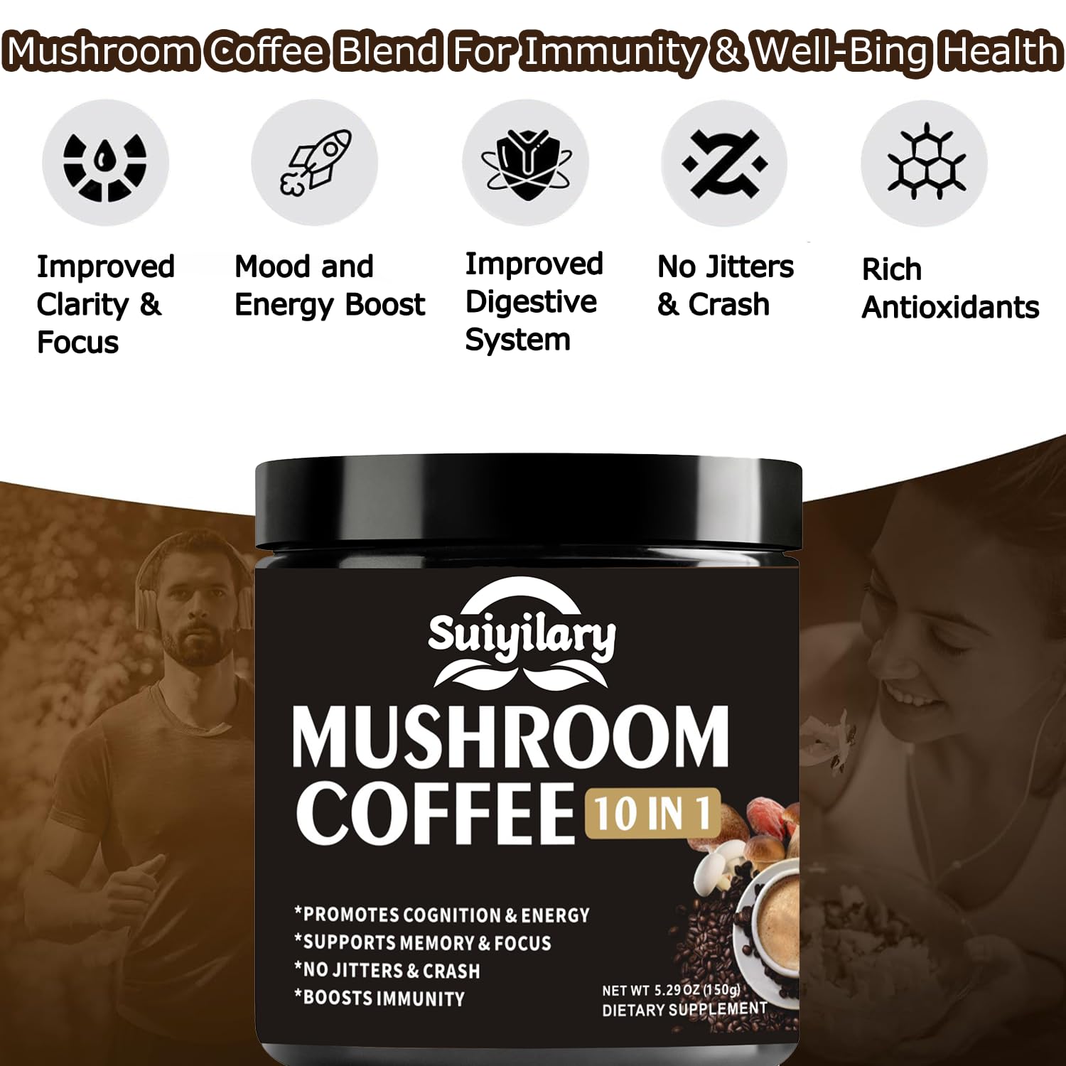 Escena de vida activa con café de hongos Suiyilary, enfoque para el día.