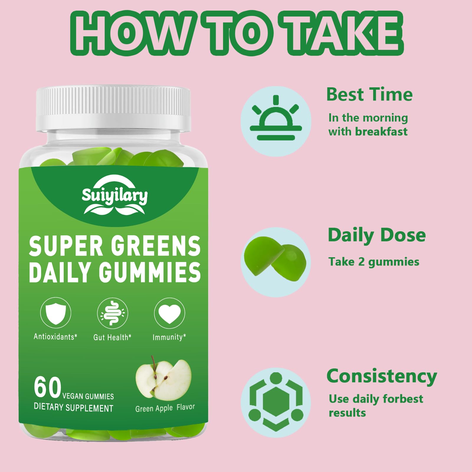 Gomitas Suiyilary Supergreens, fórmula sin azúcares añadidos y sin sabores artificiales.