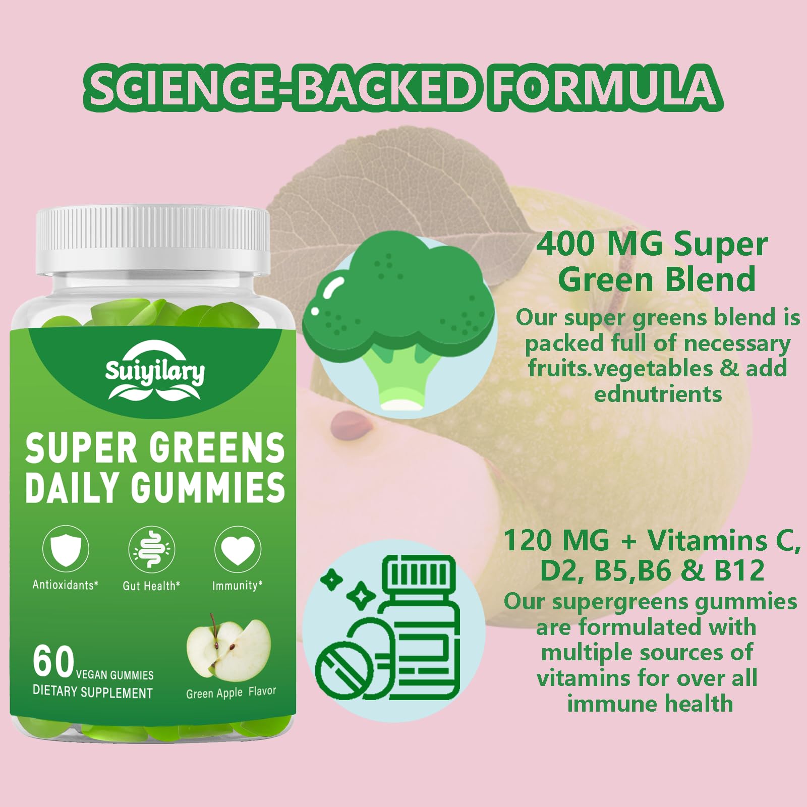 Gomitas Suiyilary Supergreens, bienestar intestinal gracias a la mezcla de frutas y vegetales.