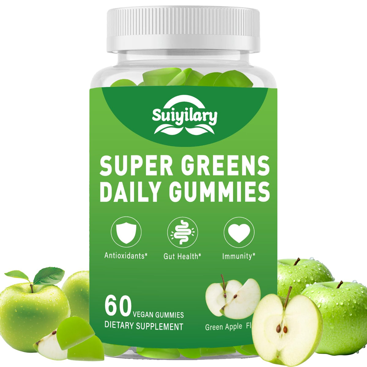 Gomitas Suiyilary Supergreens, envase manzana 60 ct, apoyo a la energía diaria.