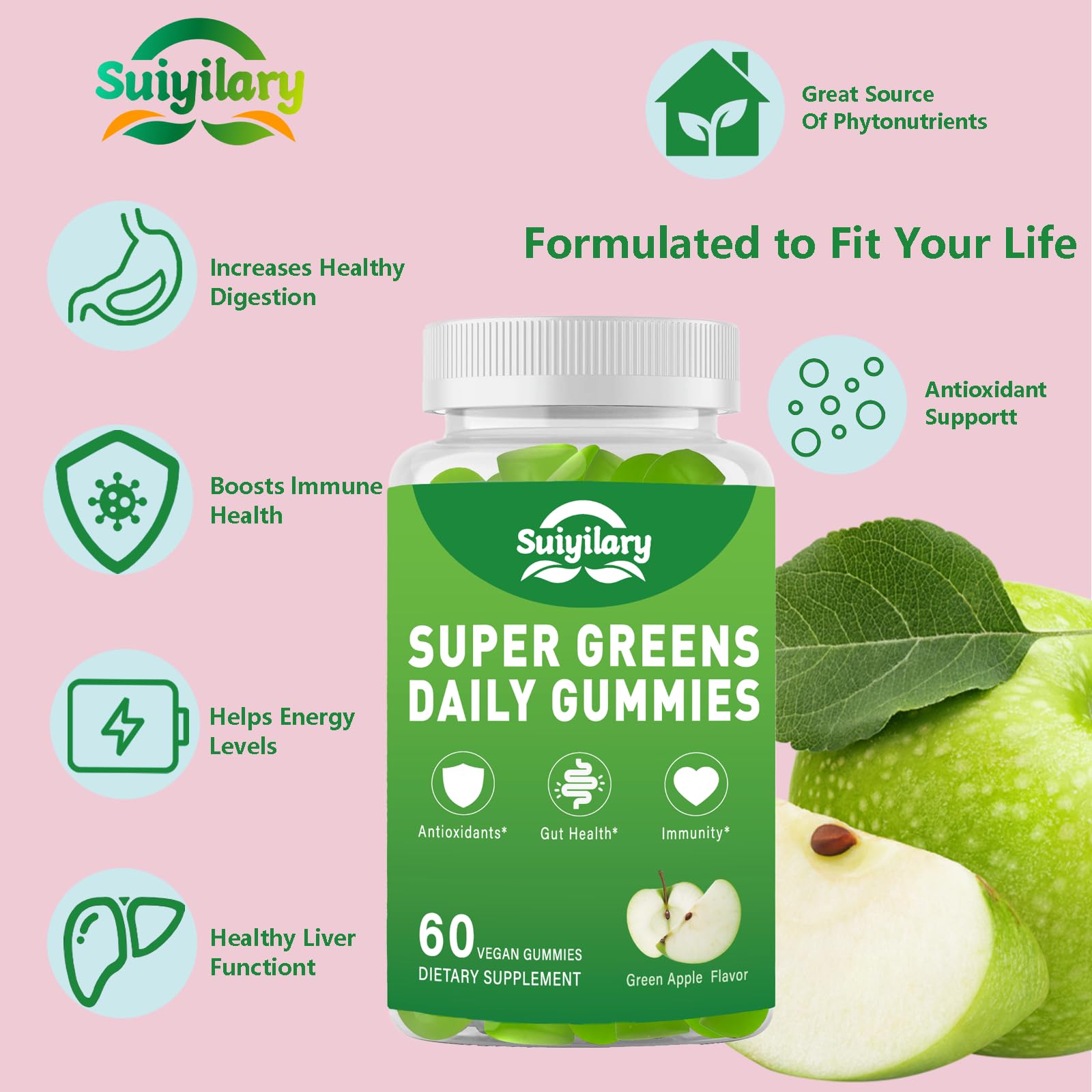 Gomitas Suiyilary Supergreens, mezcla 400 mg, aporte nutricional equilibrado.