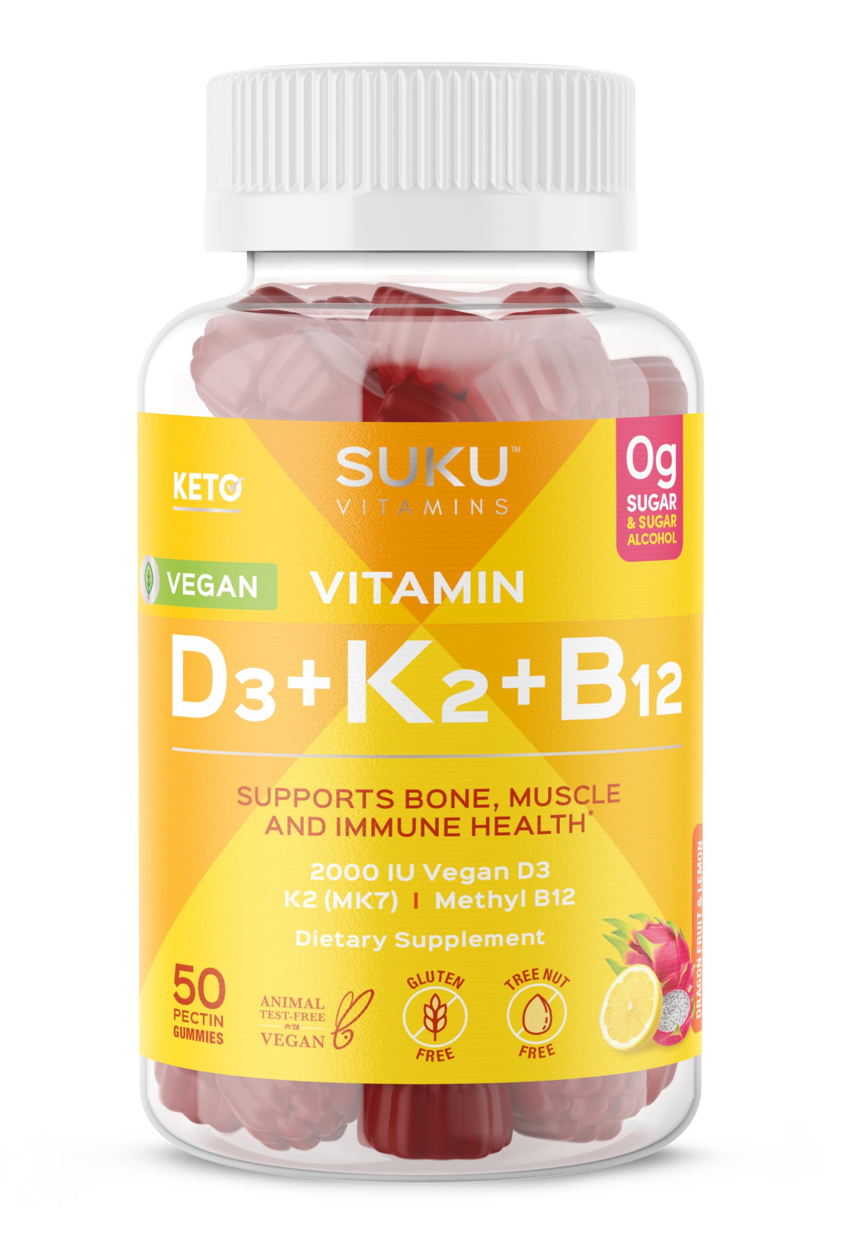 Gomitas SUKU D3 K2 B12 en botella, ideal para huesos y energía diaria.