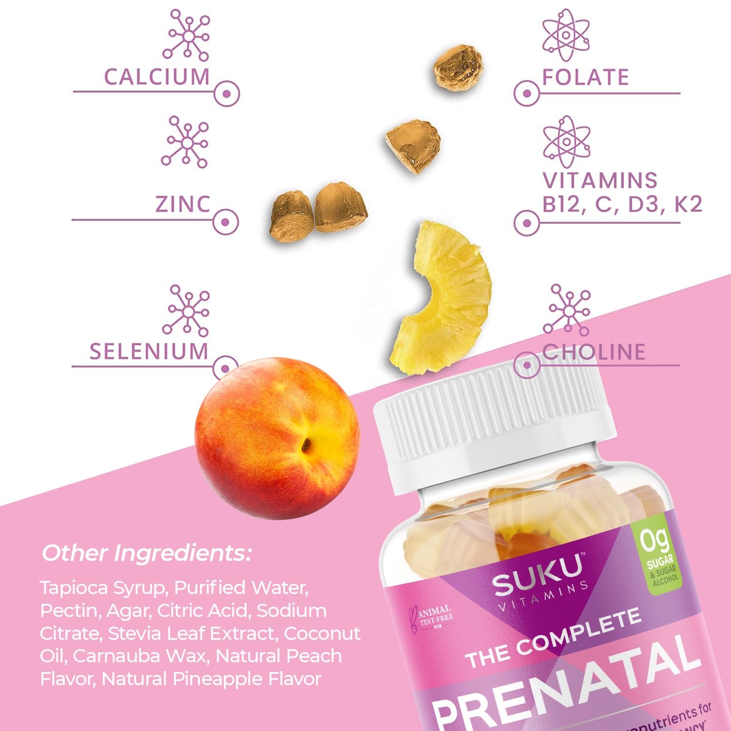 SUKU gomitas prenatales, frente de la caja destacando ingredientes clave.