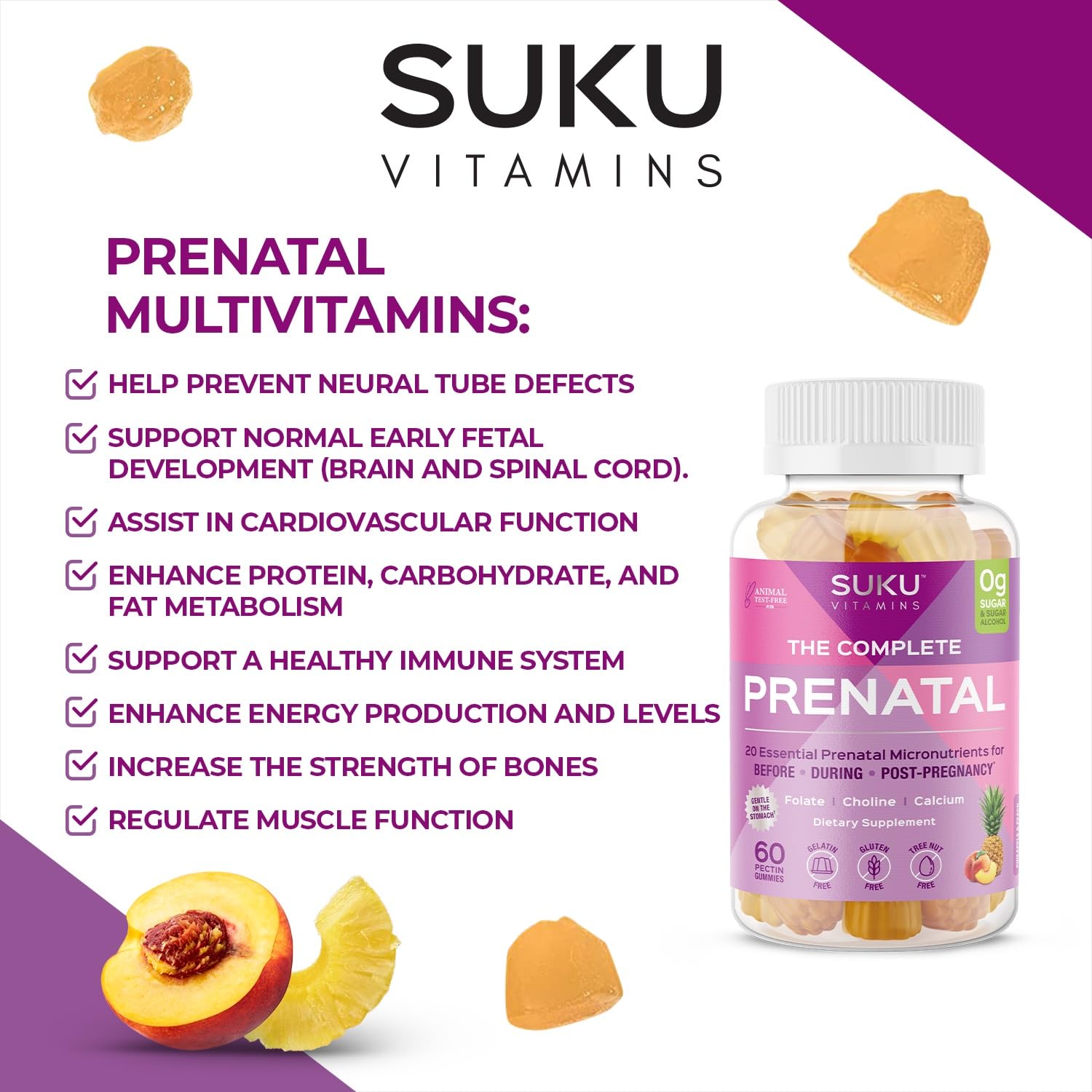 SUKU gomitas prenatales, conjunto sin azúcar apto para dietas.