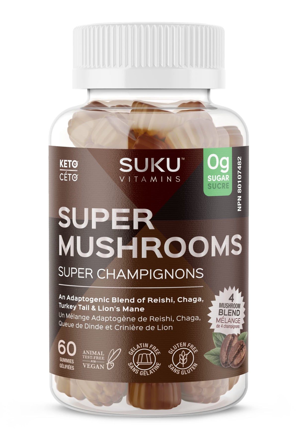 SUKU Vitamins gomitas hongo Reishi-Chaga, bote visible, apoyo potencial a la inmunidad