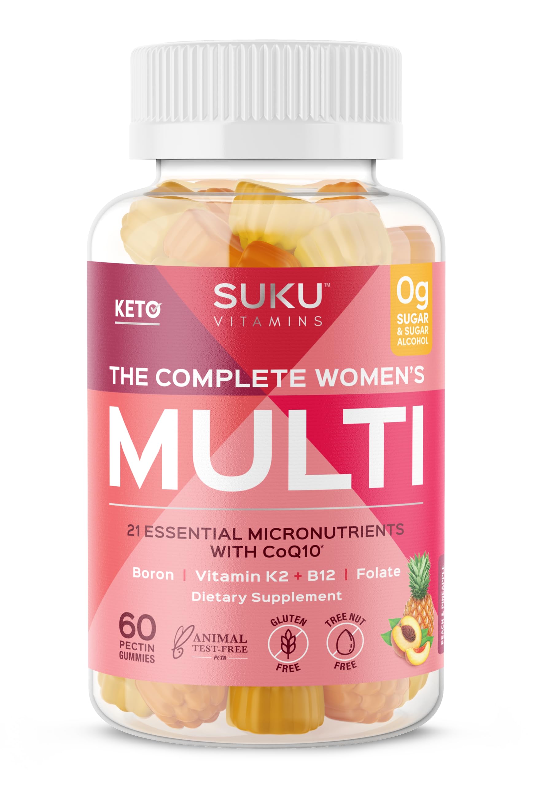 SUKU Vitaminas: empaque gomitas con sabor piña y durazno para energía diaria.