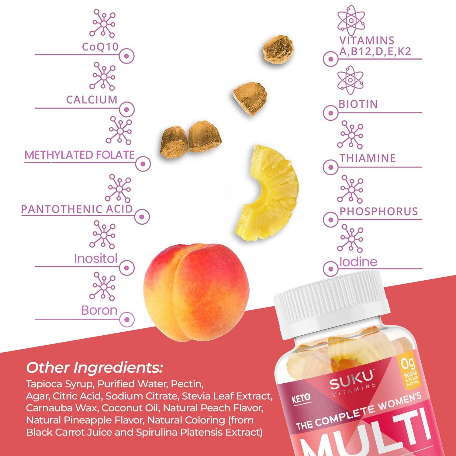 SUKU Vitaminas: etiqueta libre de gluten y sin alérgenos comunes.