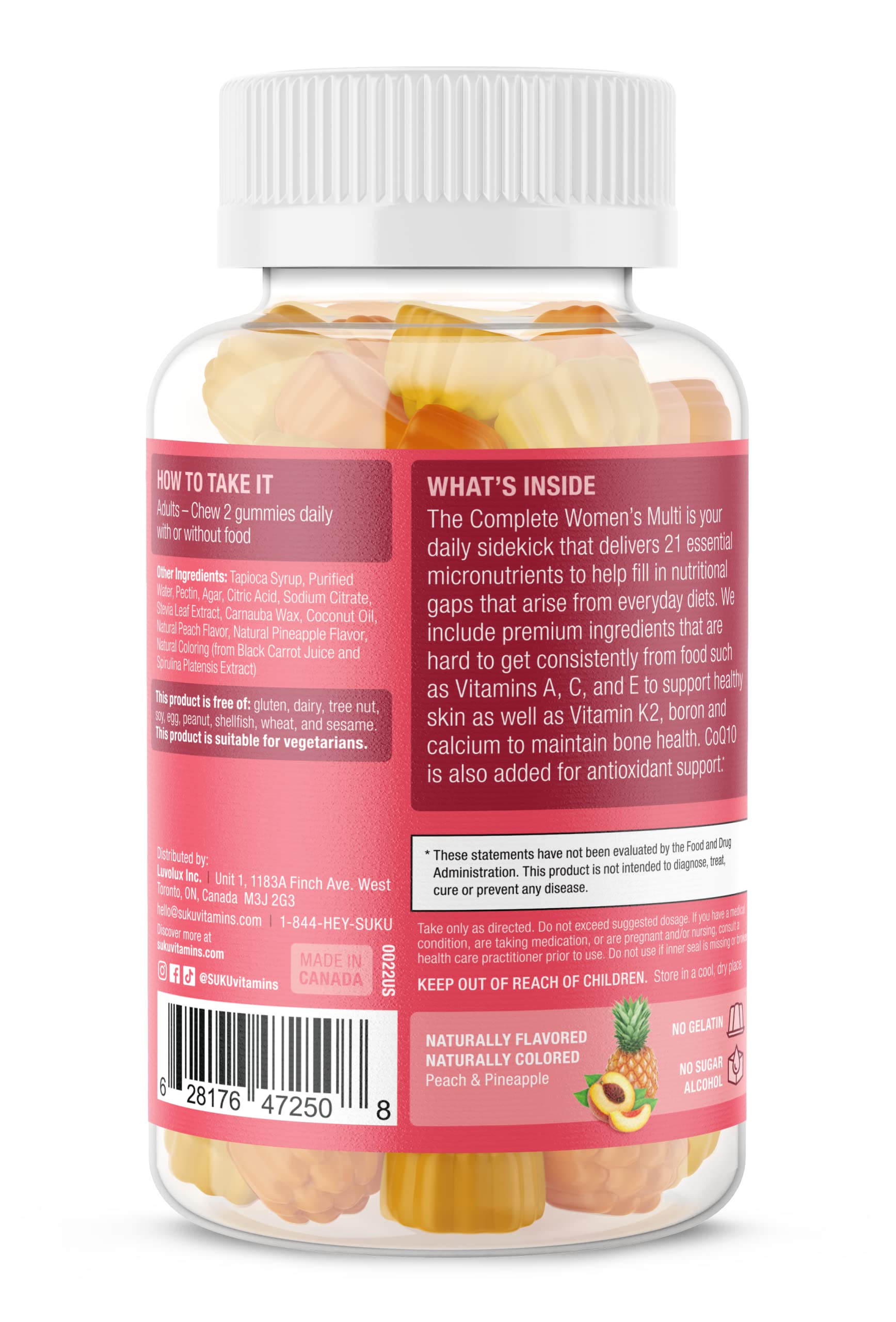 SUKU Vitaminas: etiqueta con 21 nutrientes clave para la salud femenina.