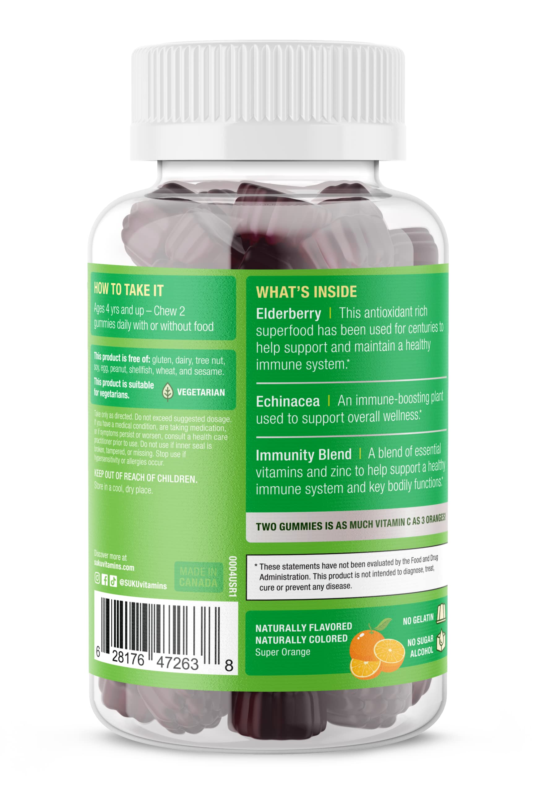 Etiqueta frontal de SUKU Vitamins, detalle colorido del envase.