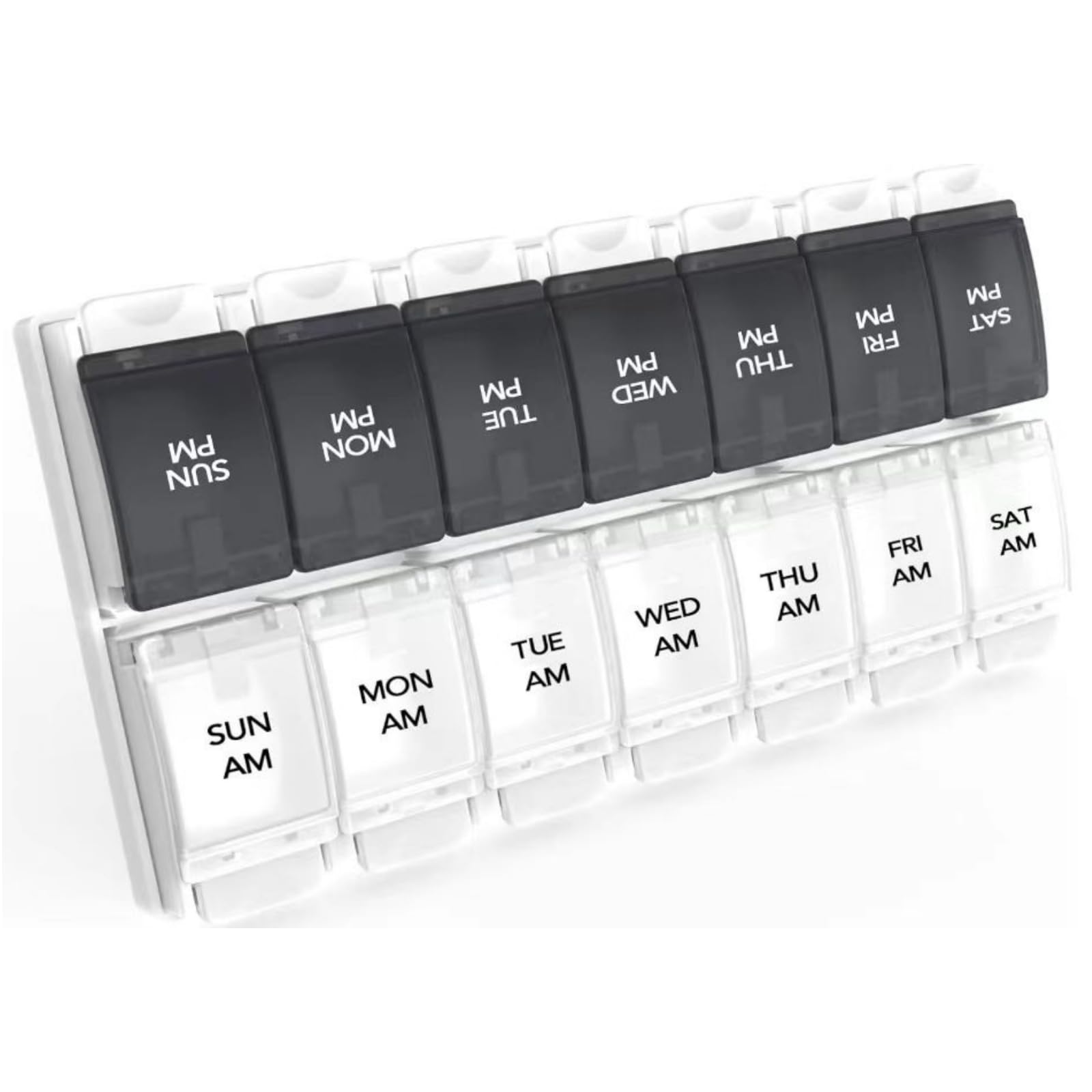 Organizador semanal Sukuos AM/PM con tapa abierta para pastillas; fácil de usar