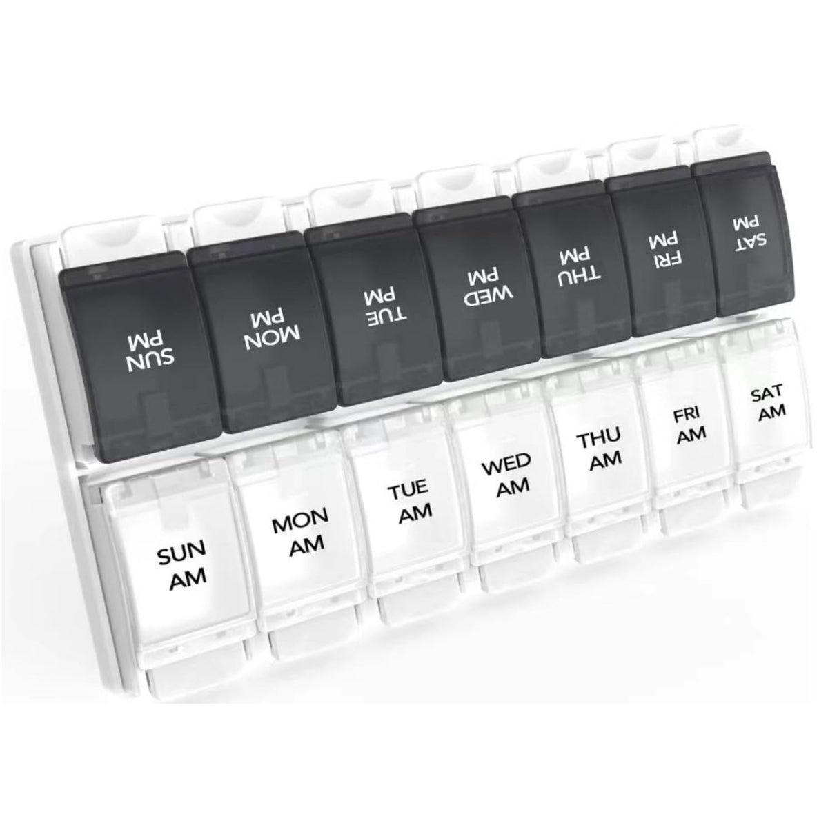 Organizador semanal Sukuos AM/PM con tapa abierta para pastillas; fácil de usar