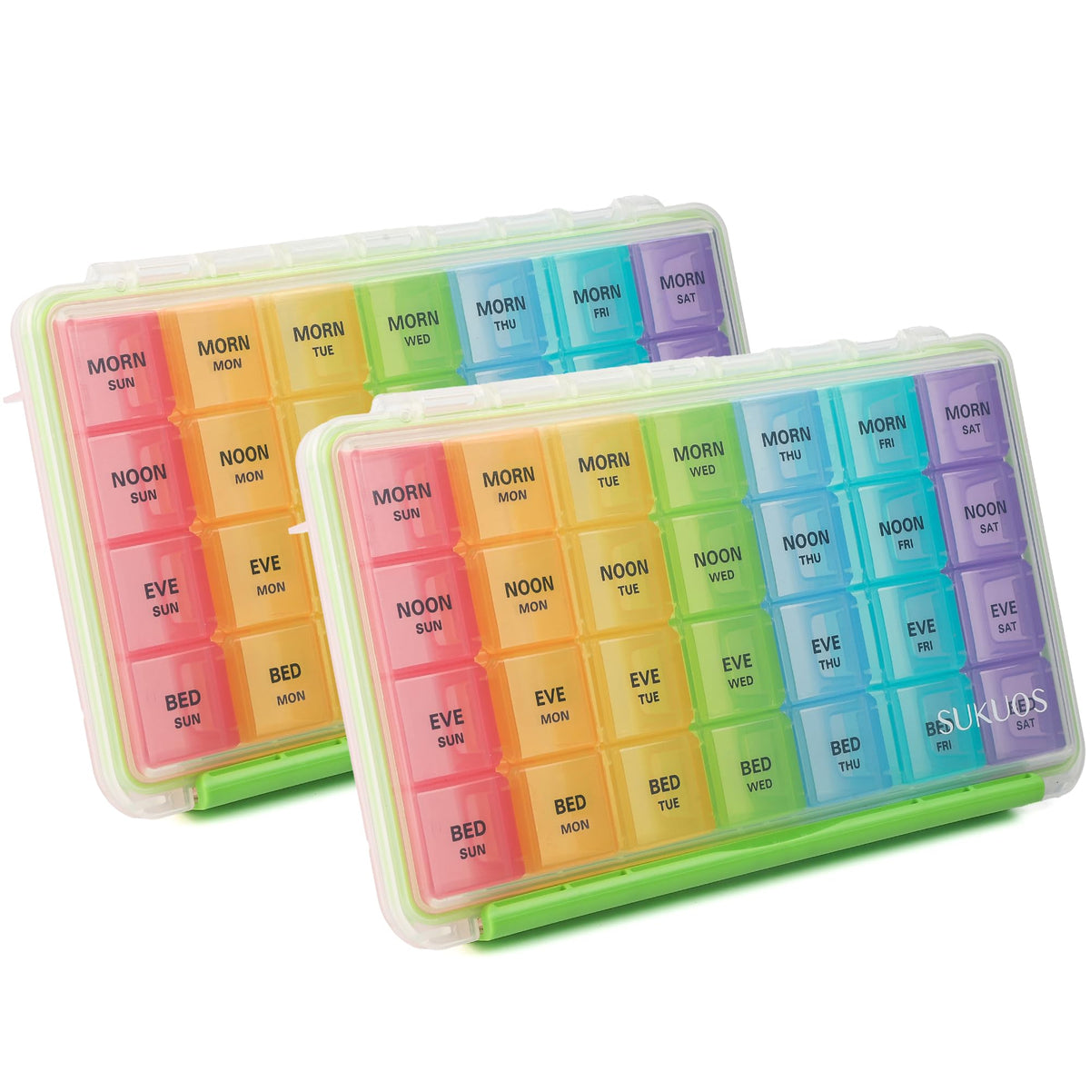 Organizador semanal de pastillas Sukuos con 7 días y 4 tomas para facilitar el control.
