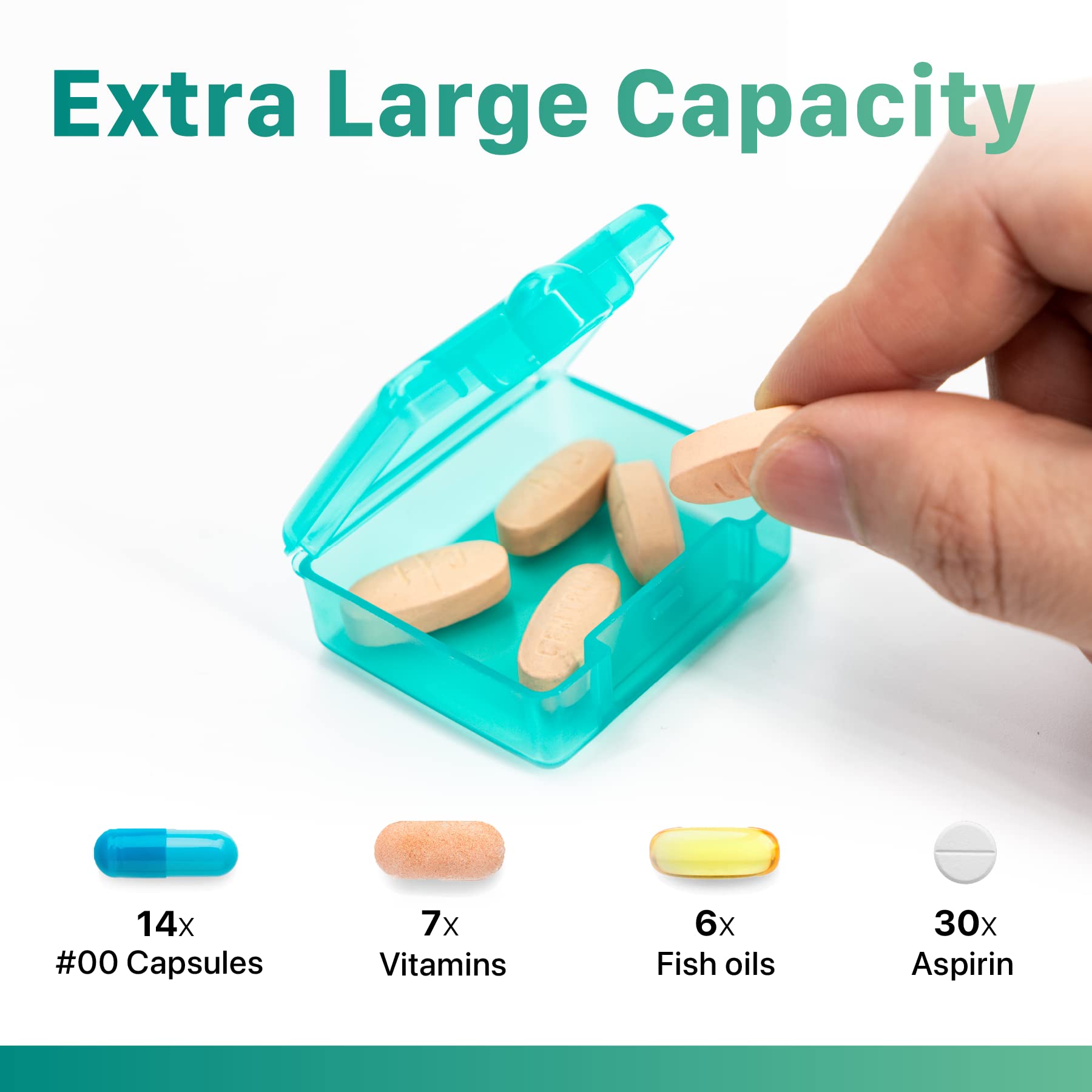 Pastillero Sukuos con compartimentos para cápsulas y suplementos.