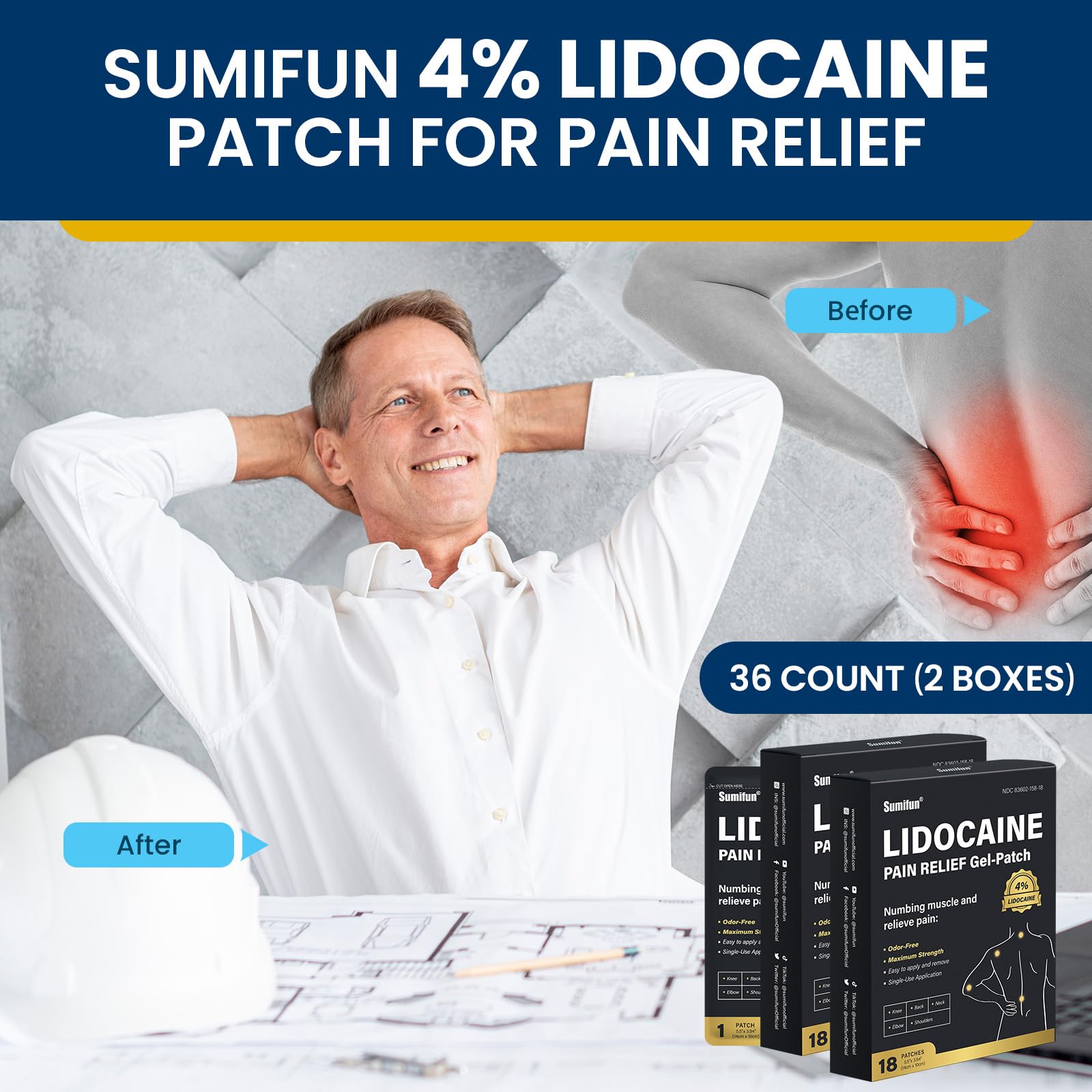 Sumifun lidocaina 4% parche para rodilla, alivio localizado en movimiento