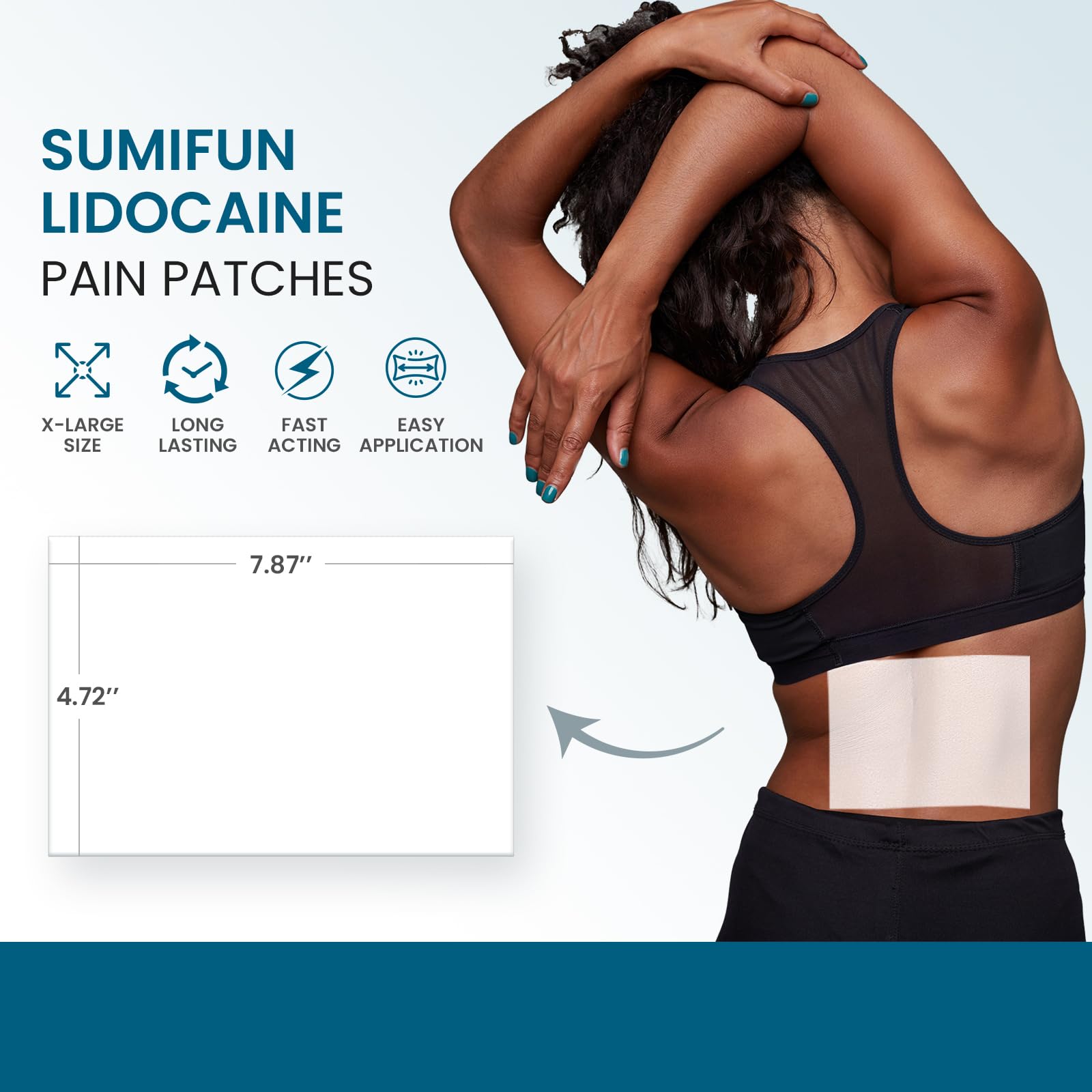 Sumifun parche lidocaína extragrande aplicado en área grande facilita uso diario.