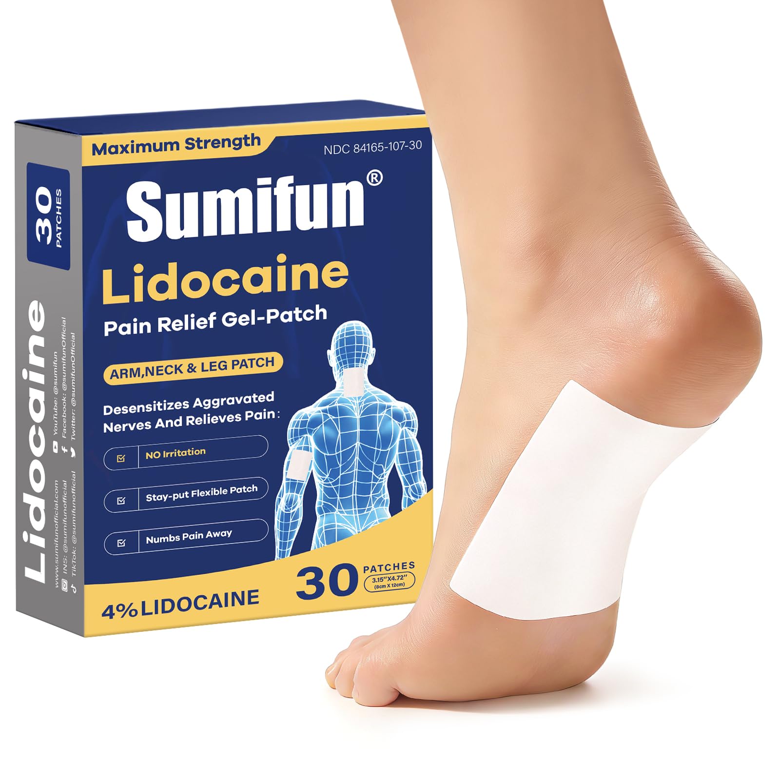 Parche Sumifun con lidocaína para pie, alivio focal en zona sensible.