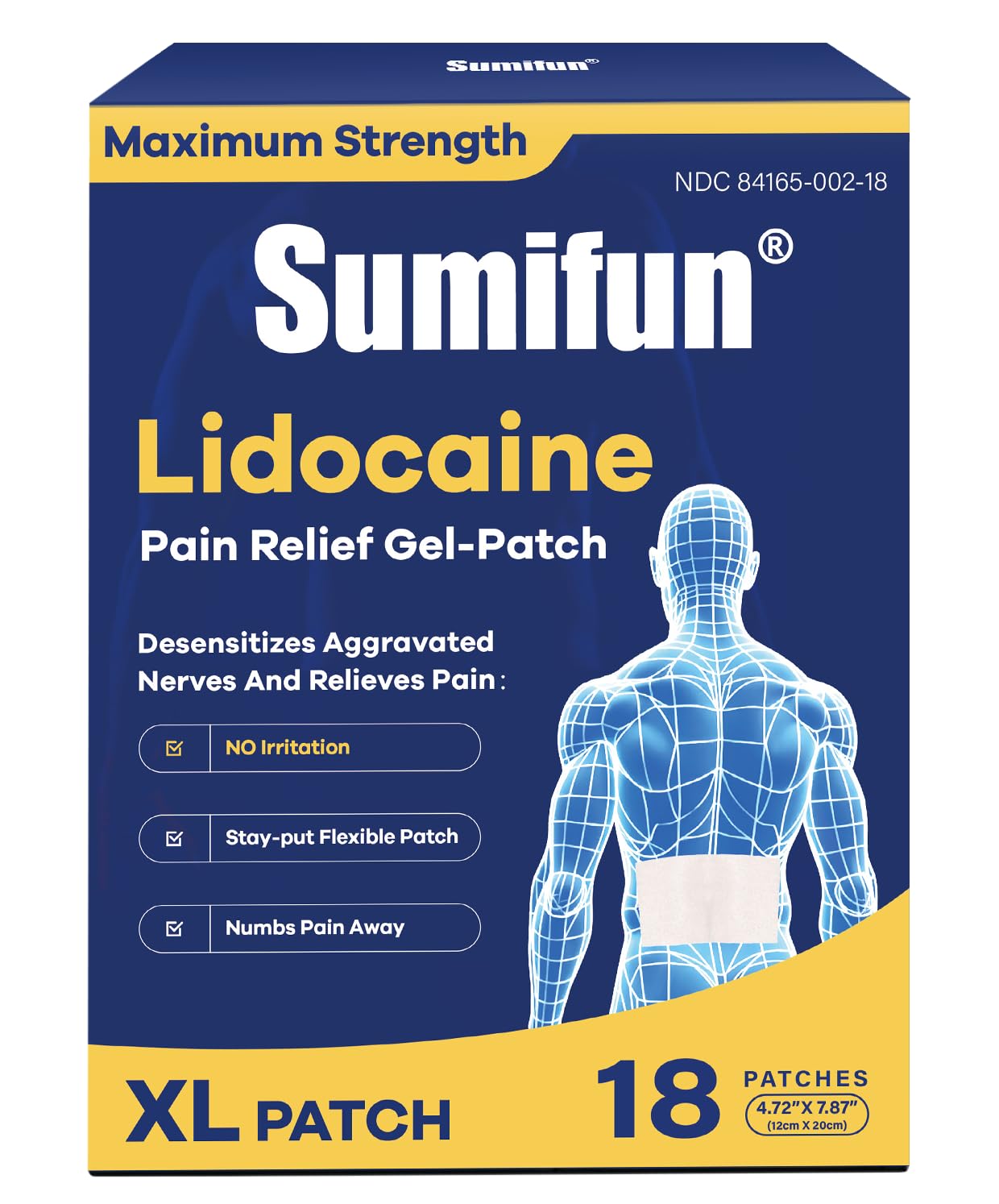 Parche Sumifun XL de lidocaína para cobertura de espalda amplia y alivio sostenido.