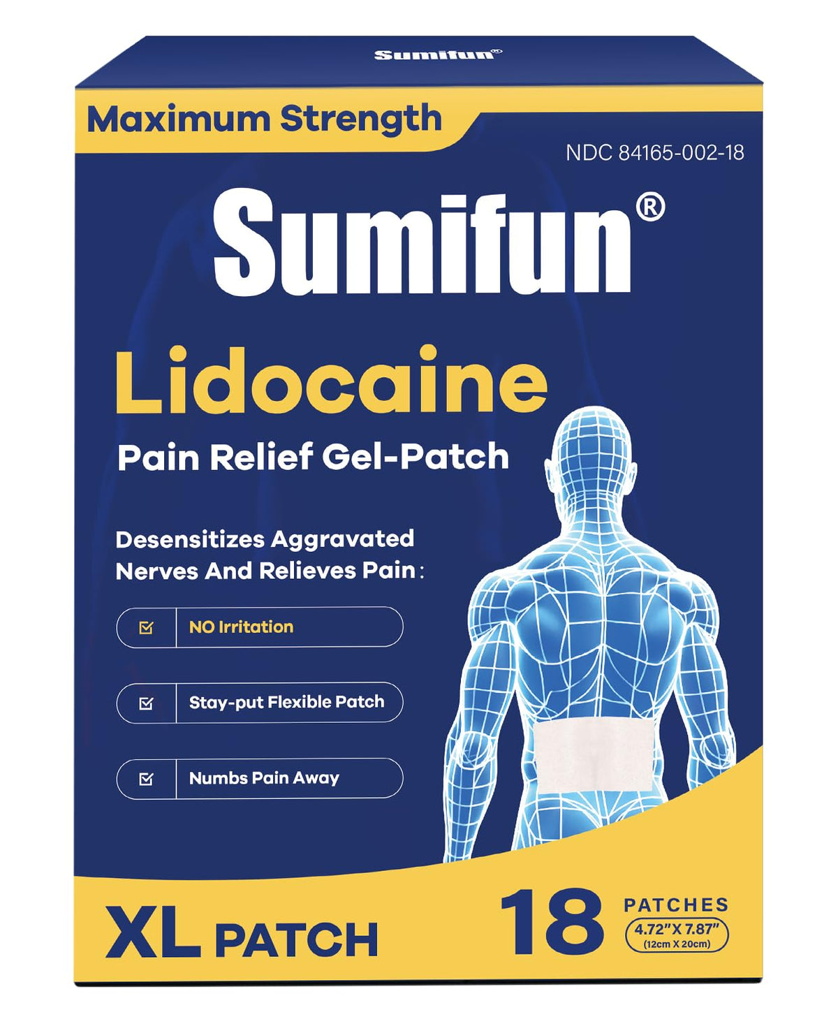 Parche Sumifun XL de lidocaína para cobertura de espalda amplia y alivio sostenido.
