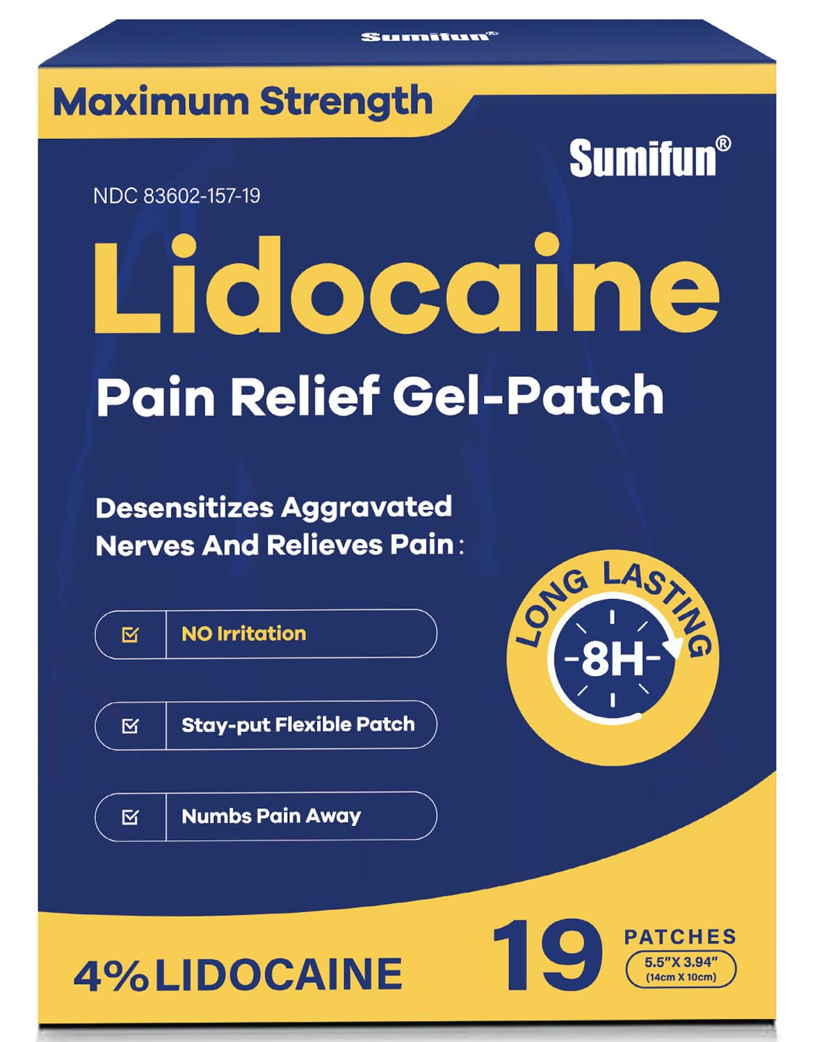 Sumifun parches lidocaína 4% con adhesión firme para alivio localizado del dolor.