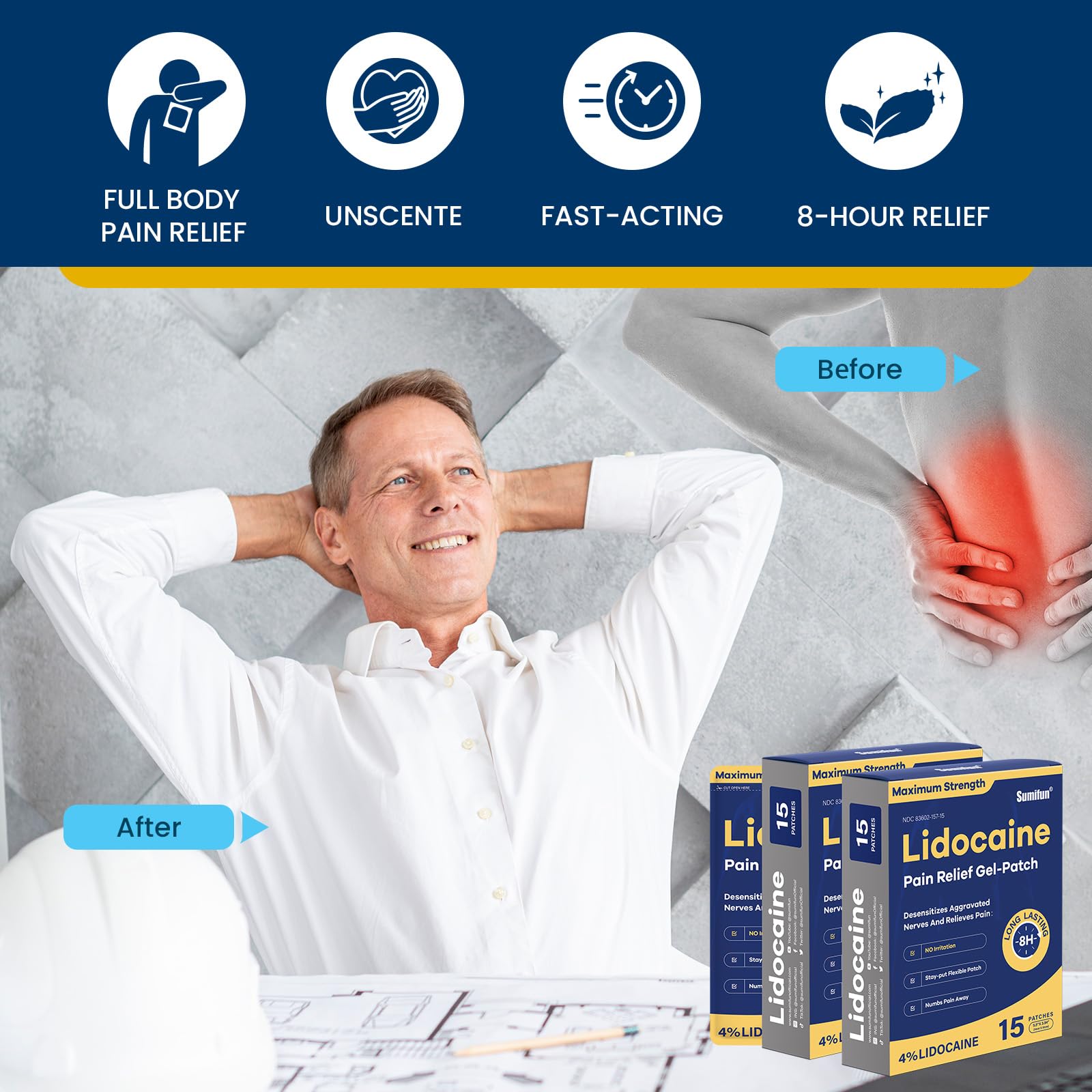 Sumifun parches lidocaína 4% tamaño grande 10x14 cm para áreas amplias