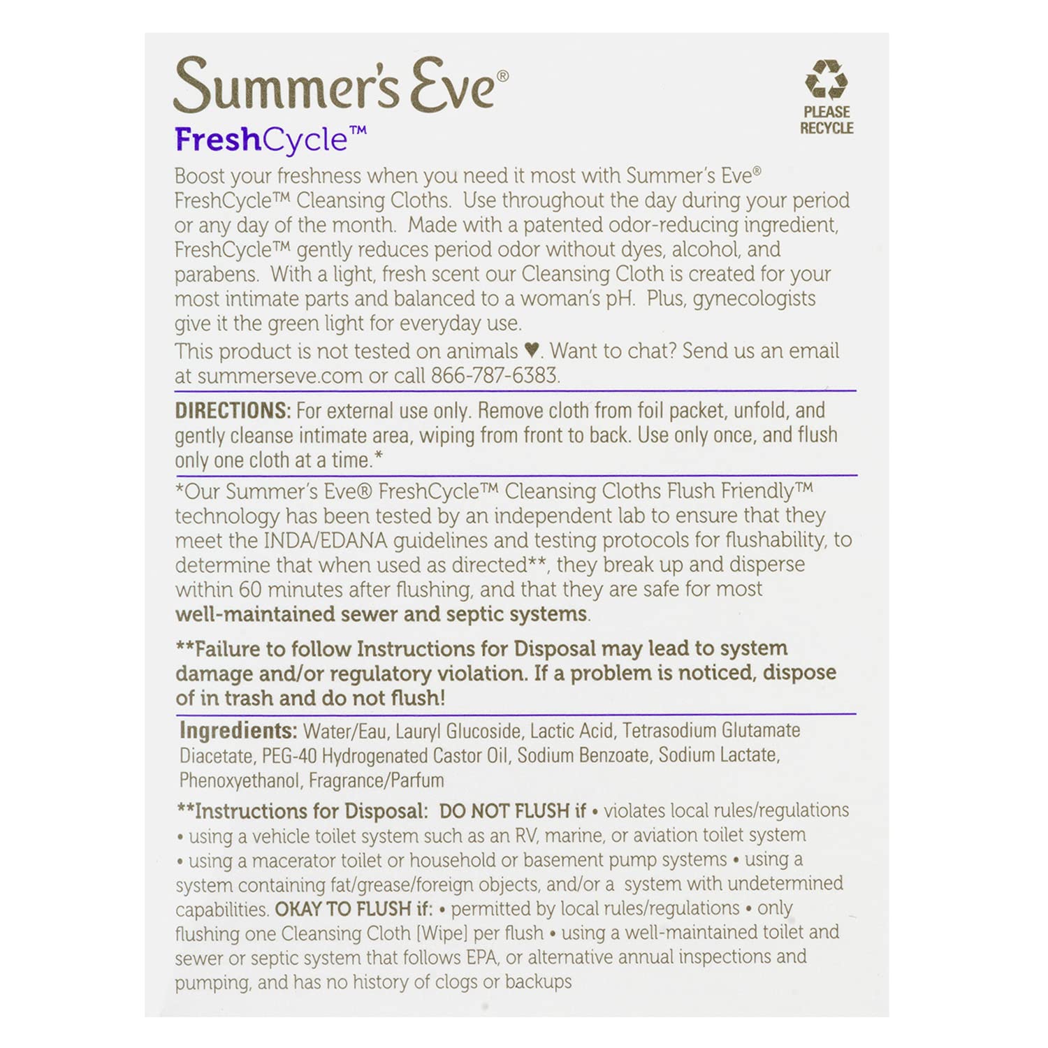 Summer's Eve FreshCycle fragancia ligera para frescura sin irritación.