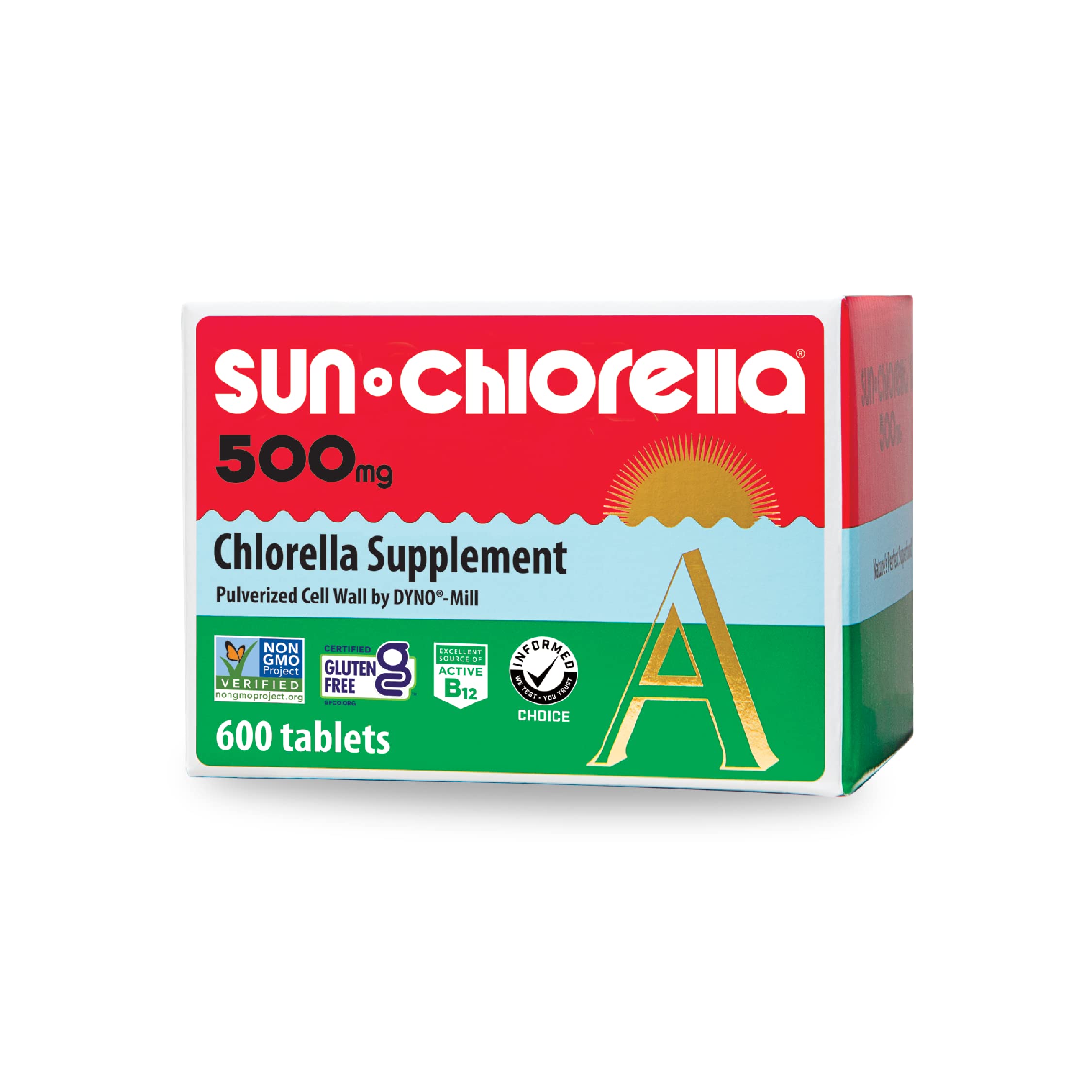 Sun Chlorella: botella de 500 mg lista para uso diario y bienestar.