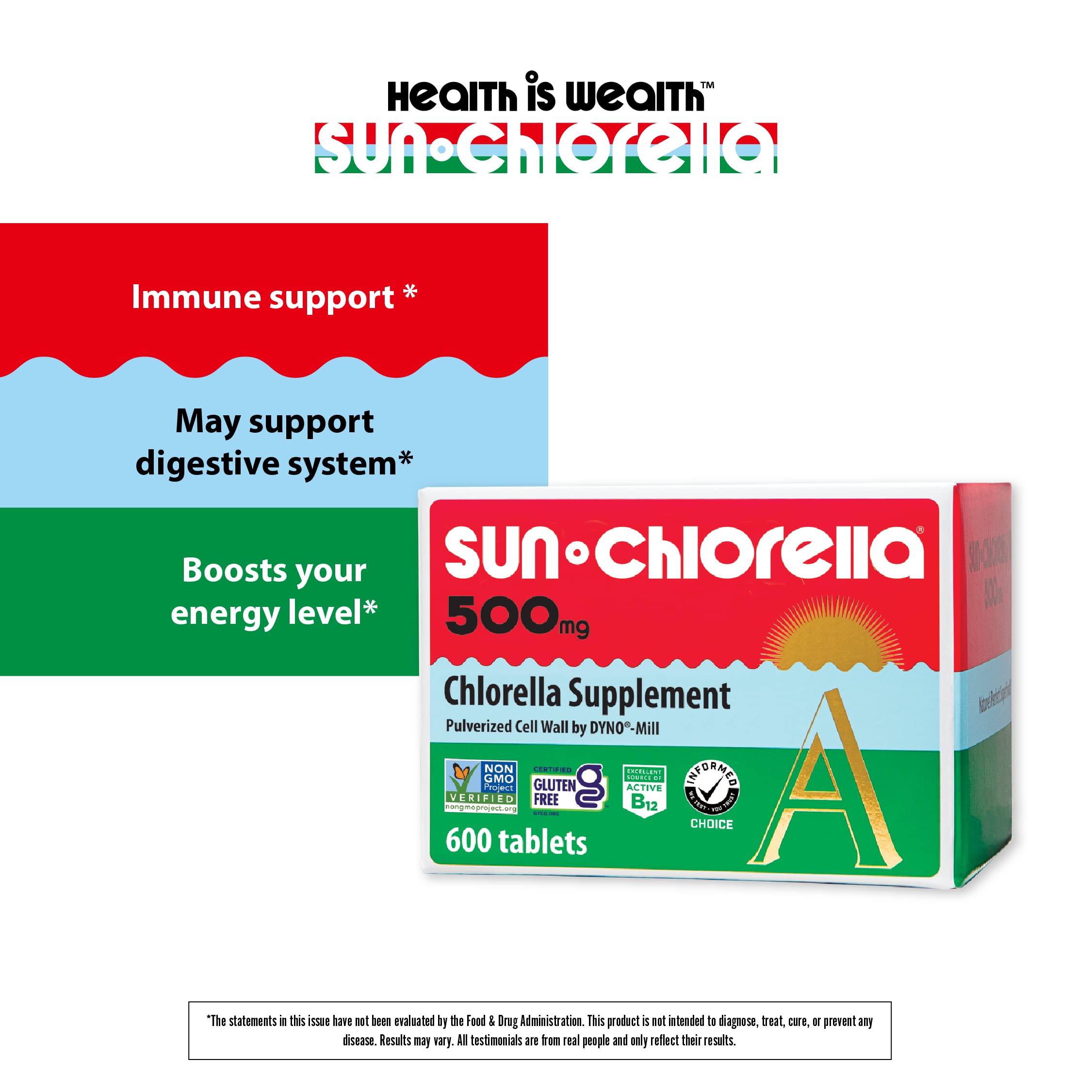 Sun Chlorella, etiqueta frontal clara con información de nutrientes.