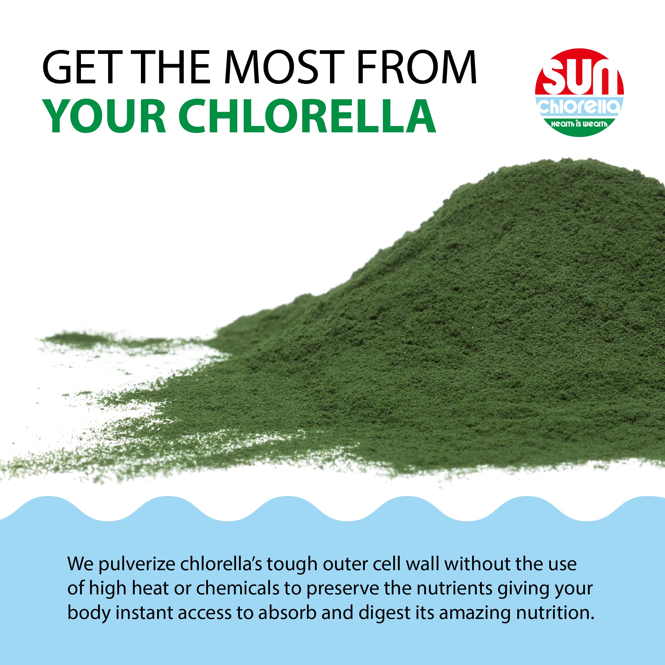 Sun Chlorella Powder etiqueta detallada: origen y pureza verificada.
