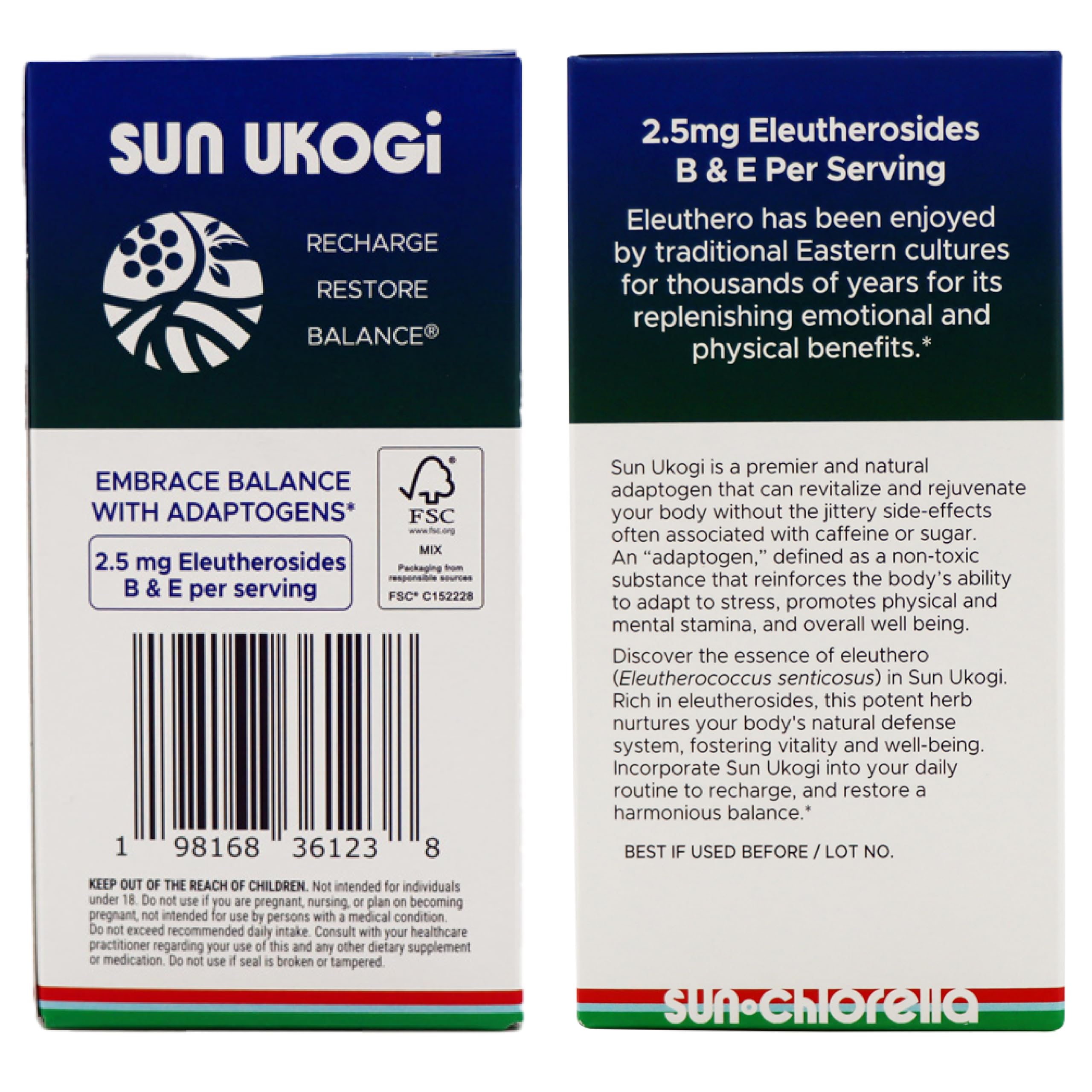Sun Chlorella Sun Ukogi Eleuthero sin organismos modificados genéticamente