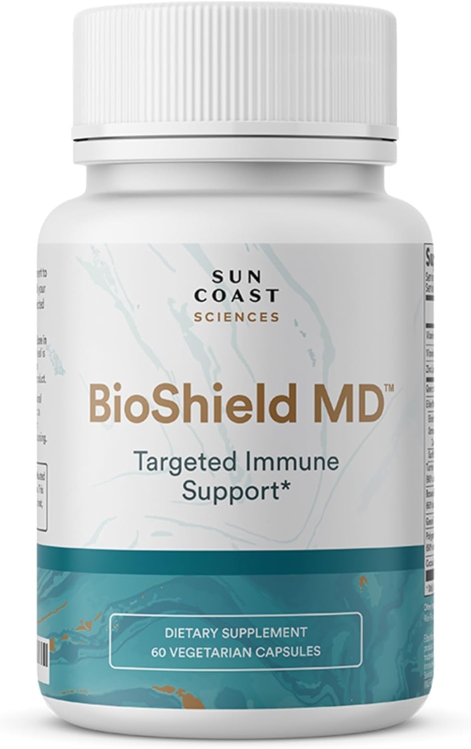 BioShield MD de Sun Coast Sciences, cápsulas en envase, apoyo suave al sistema inmunitario.