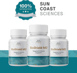 BioShield MD de Sun Coast Sciences, vista lateral del envase, diseño compacto para viaje.