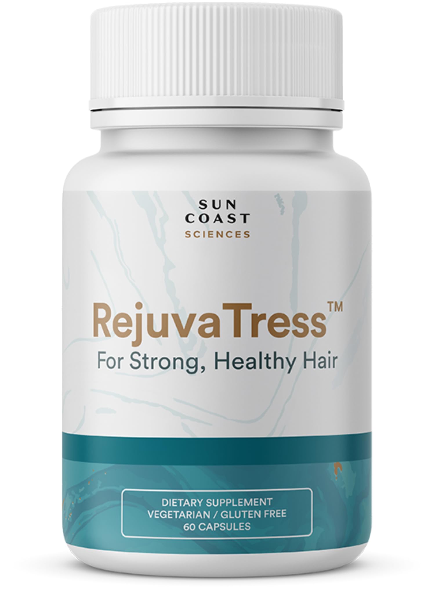 SUN COAST SCIENCES RejuvaTress: botella de cápsulas para cabello más grueso y saludable.
