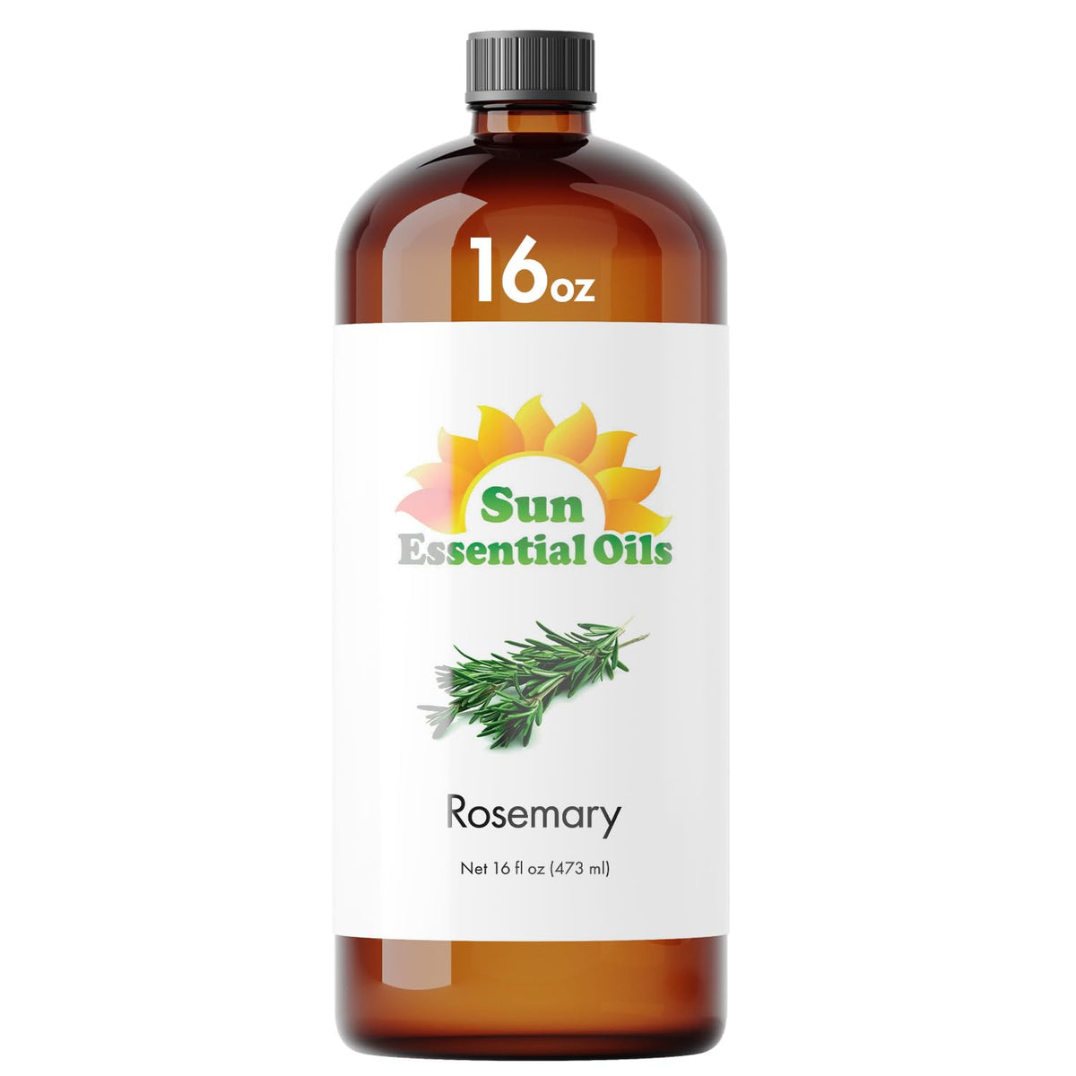 Sun Essential Oils, botella ámbar de romero para cuidado capilar y aromaterapia.