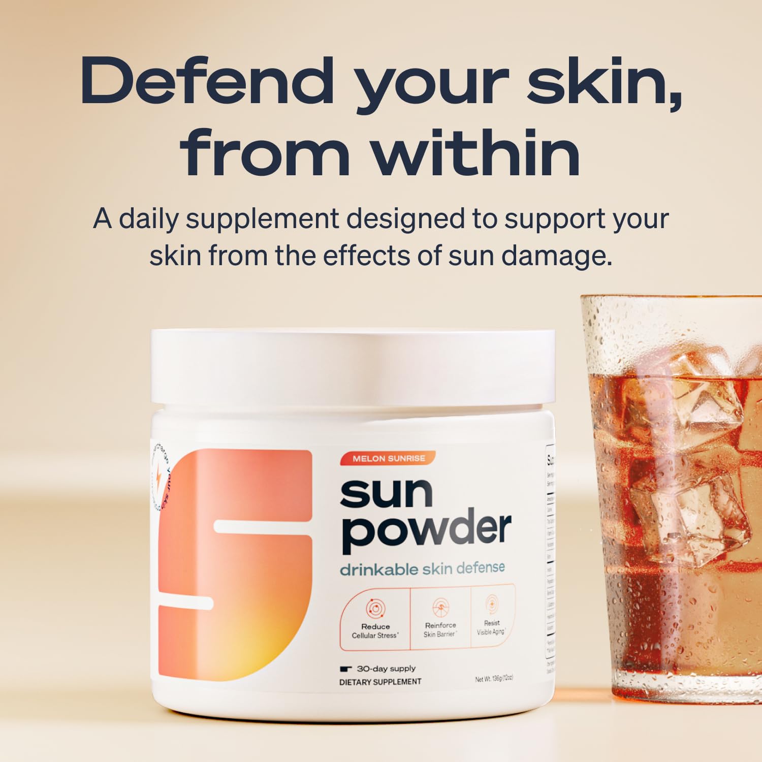Sun Powder mezcla con agua para una bebida suave y agradable.
