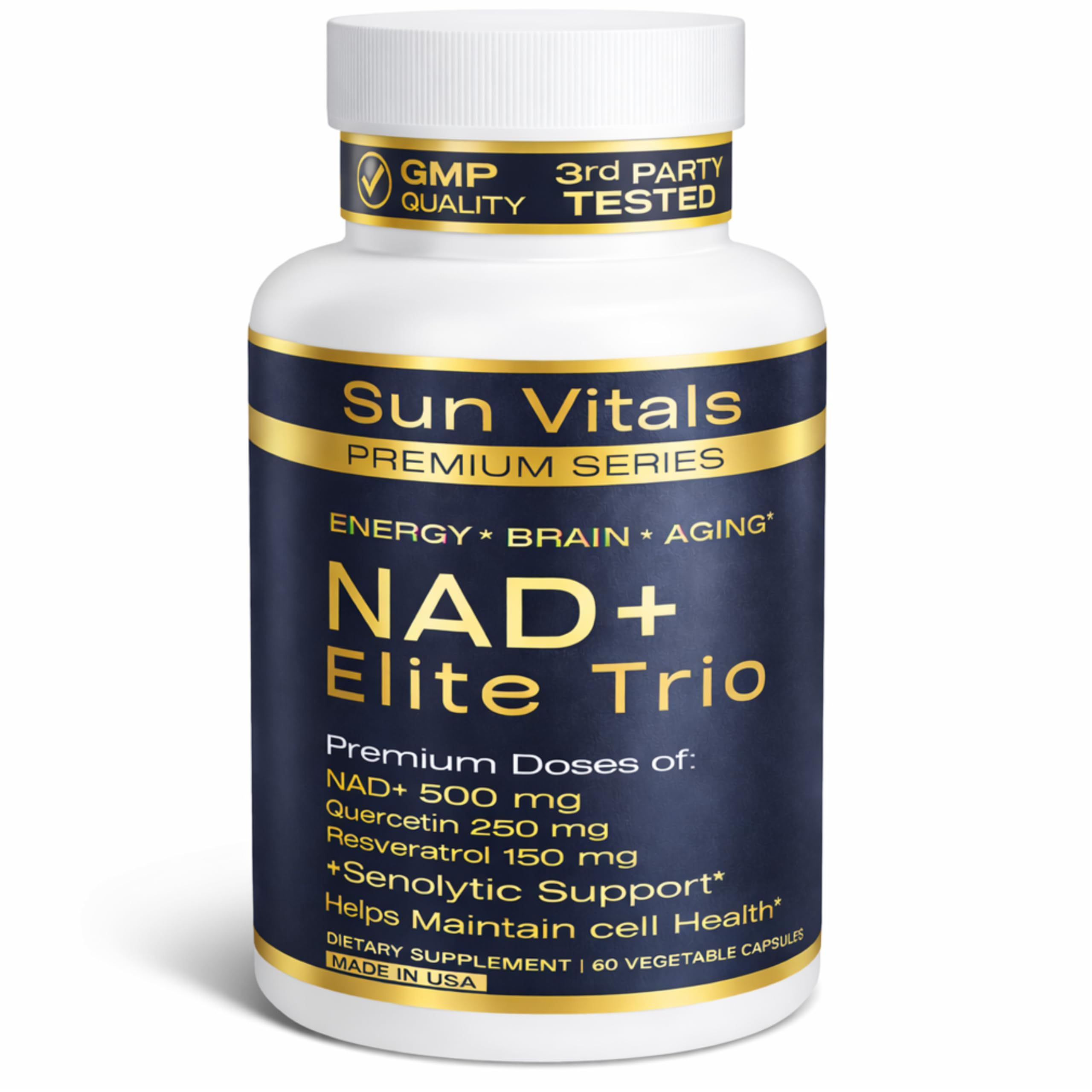 Sun Vitals NAD+ con Resveratrol y Quercetina: botella de suplemento para energía celular.