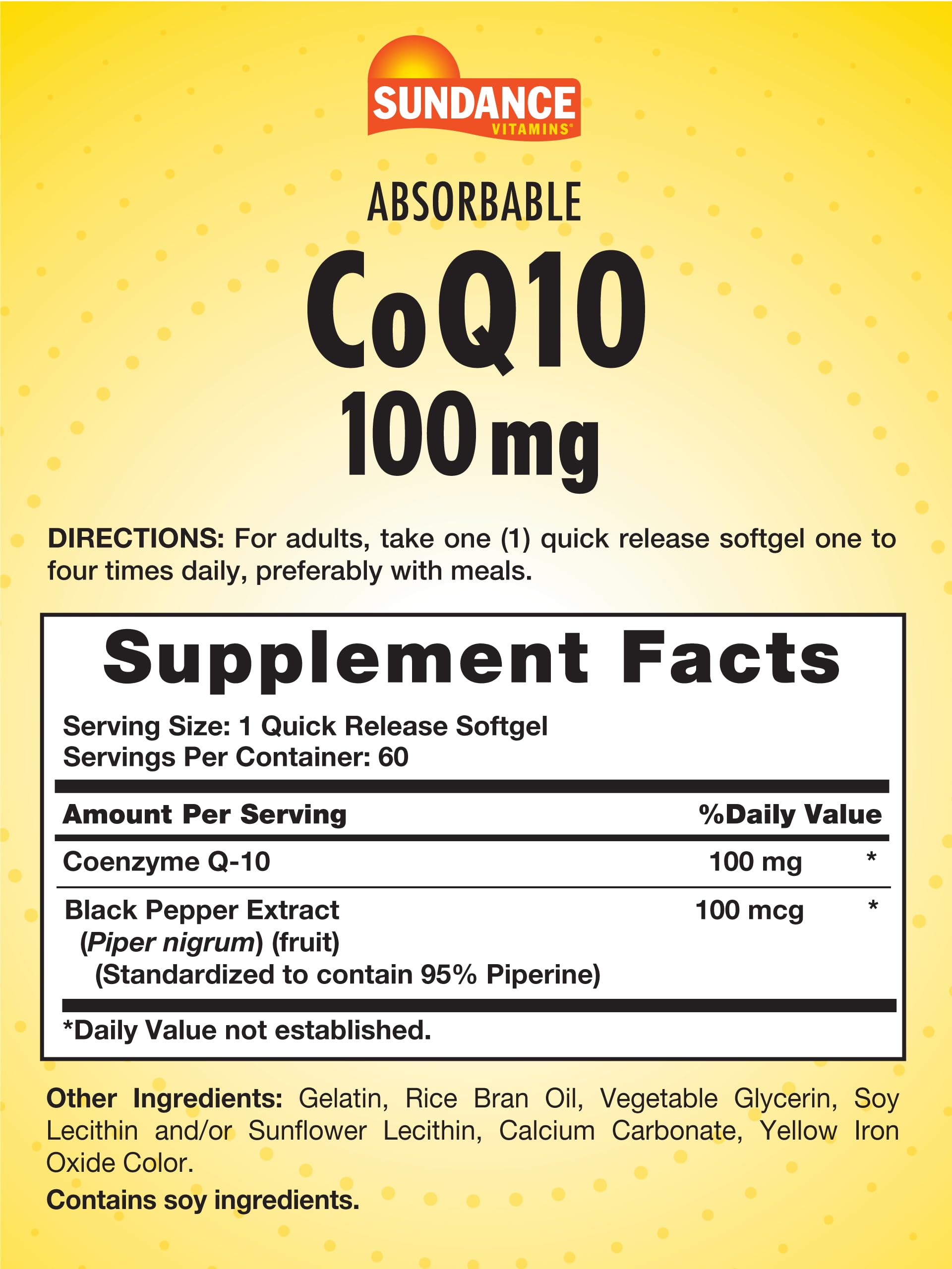 Sundance CoQ10 100 mg, etiqueta frontal clara para identificar la dosis diaria