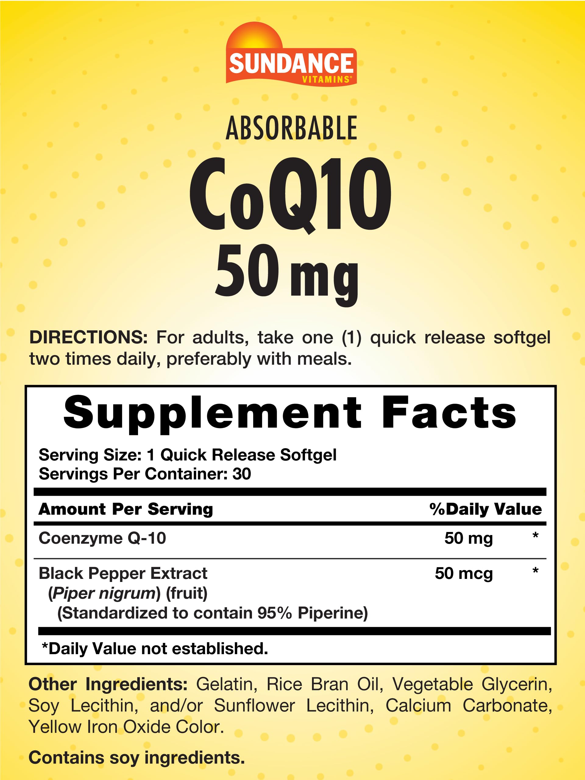 Etiqueta de Sundance CoQ10 50 mg con extracto de pimienta negra para absorción.