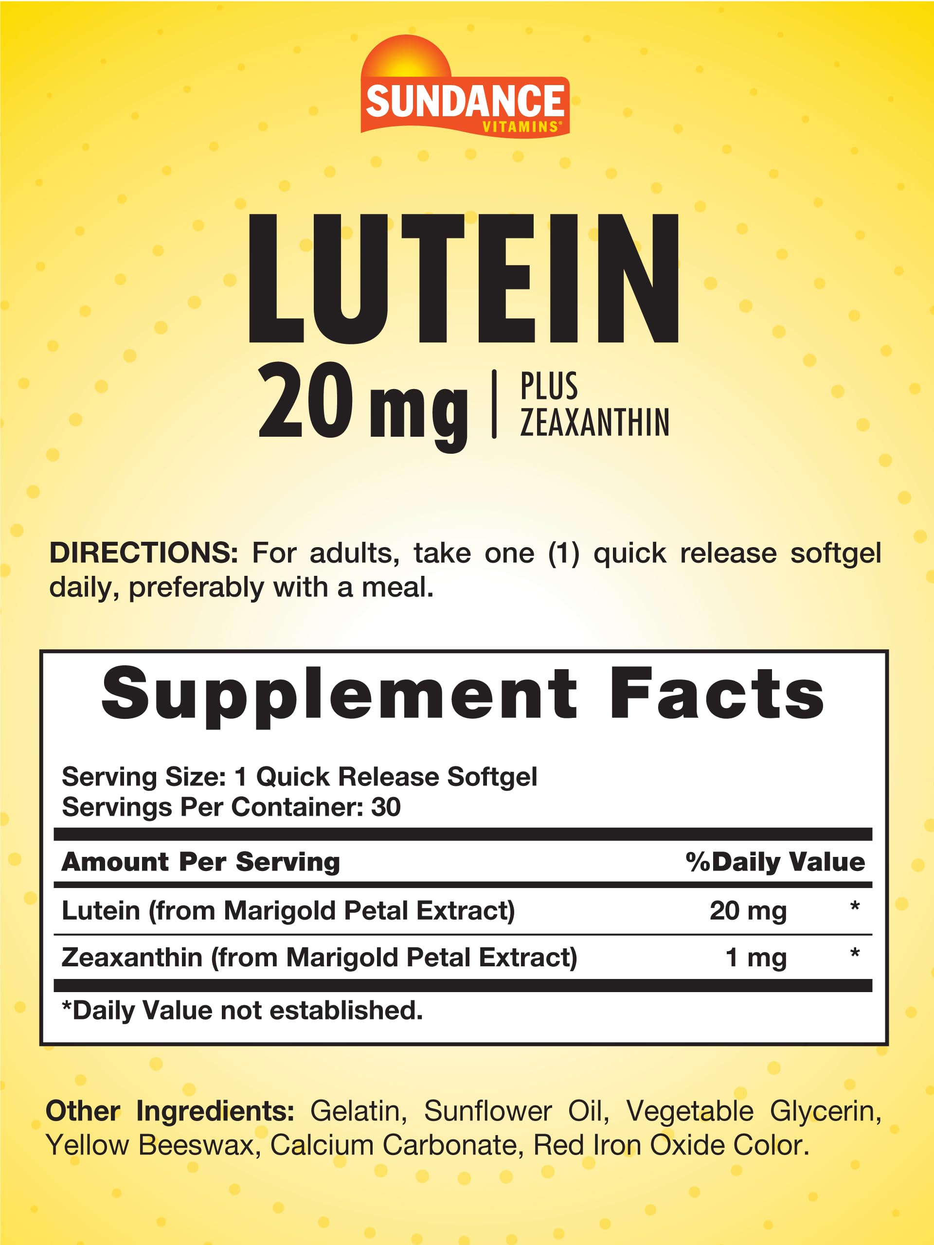 Etiqueta frontal de Sundance Luteína 20mg destaca luteína y zeaxantina.